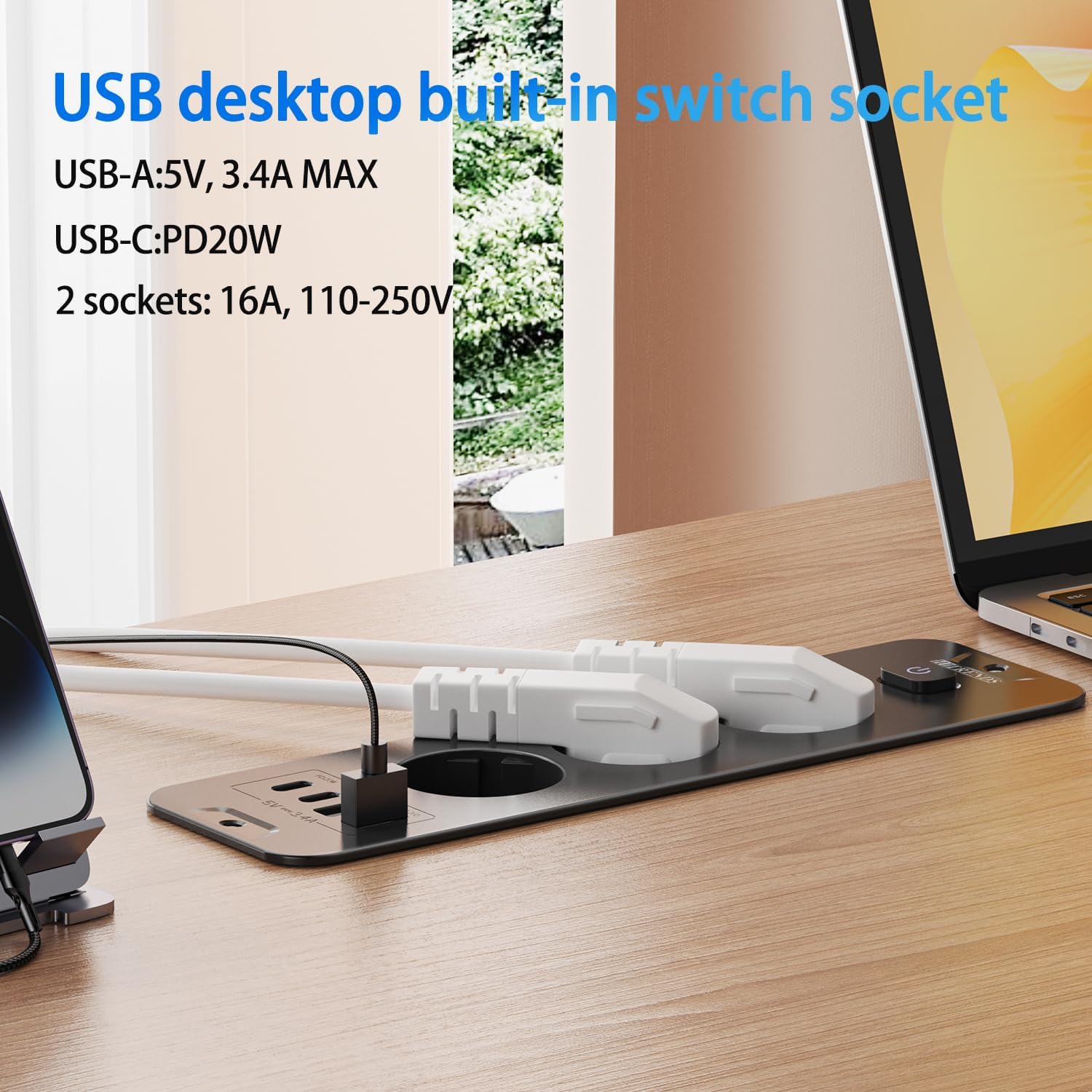 Enchufe retráctil con USB, 3 enchufes empotrables con 2 USB, enchufe empotrado en la mesa con 2 USB C, regleta con cable de 2 m para encimera, muebles, color negro - 3