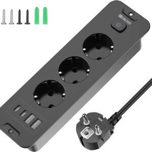 Enchufe retráctil con USB, 3 enchufes empotrables con 2 USB, enchufe empotrado en la mesa con 2 USB C, regleta con cable de 2 m para encimera, muebles, color negro