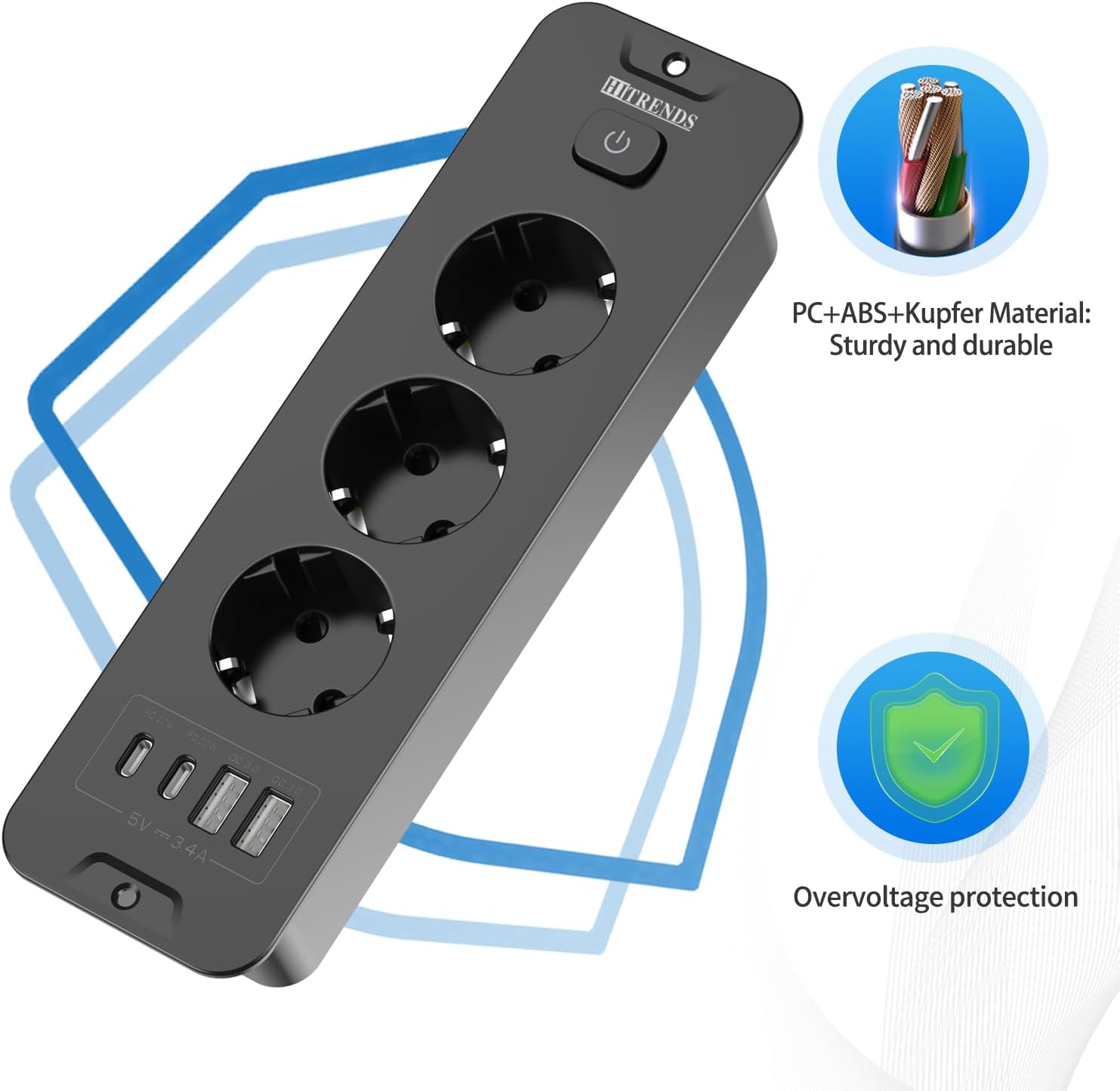 Enchufe retráctil con USB, 3 enchufes empotrables con 2 USB, enchufe empotrado en la mesa con 2 USB C, regleta con cable de 2 m para encimera, muebles, color negro - 4