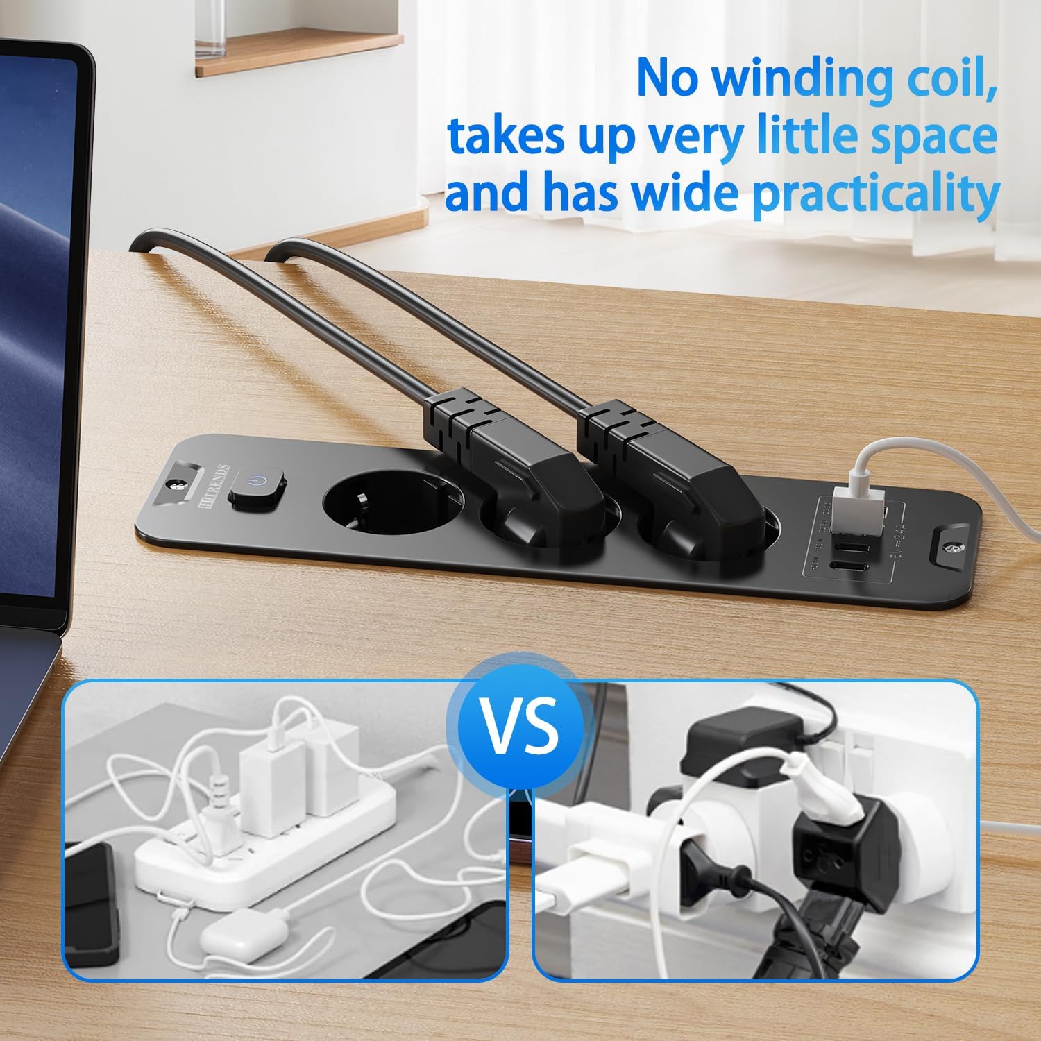 Enchufe retráctil con USB, 3 enchufes empotrables con 2 USB, enchufe empotrado en la mesa con 2 USB C, regleta con cable de 2 m para encimera, muebles, color negro - 5