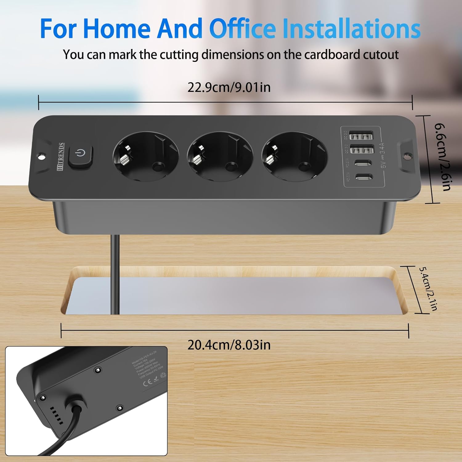 Enchufe retráctil con USB, 3 enchufes empotrables con 2 USB, enchufe empotrado en la mesa con 2 USB C, regleta con cable de 2 m para encimera, muebles, color negro - 6