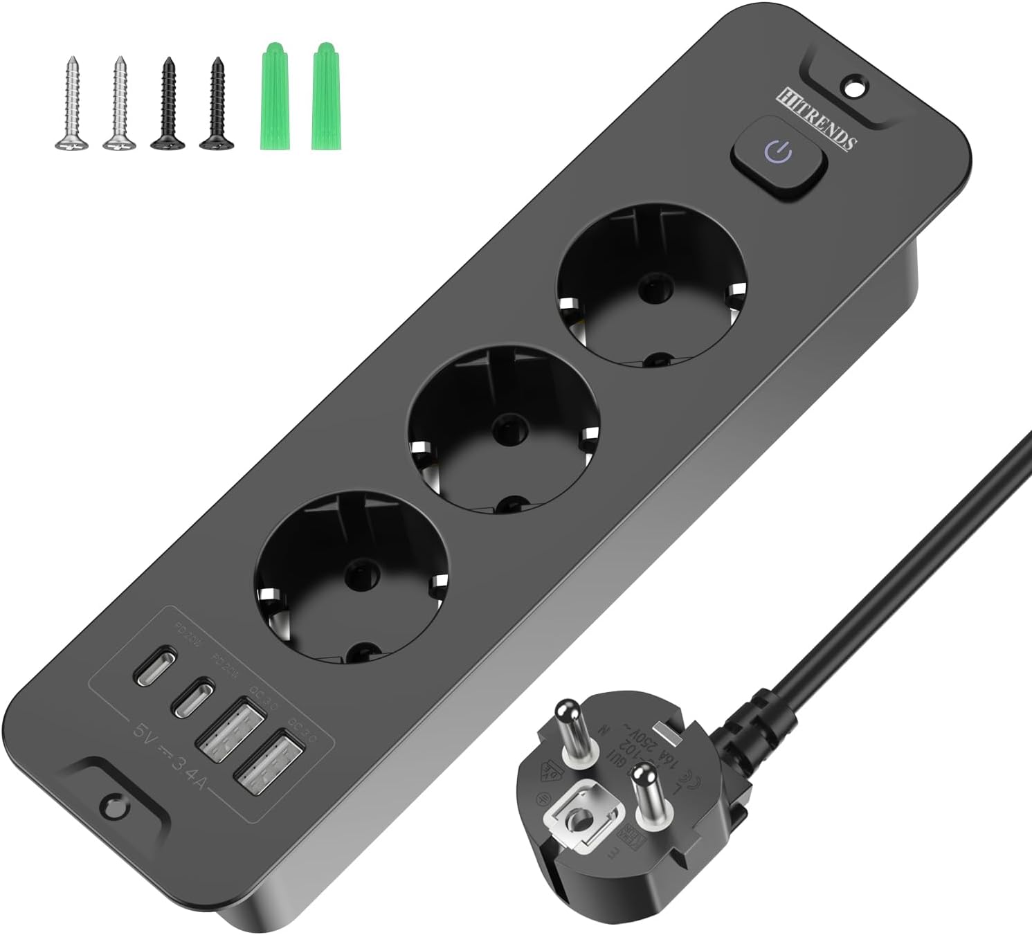 Enchufe retráctil con USB, 3 enchufes empotrables con 2 USB, enchufe empotrado en la mesa con 2 USB C, regleta con cable de 2 m para encimera, muebles, color negro - 1