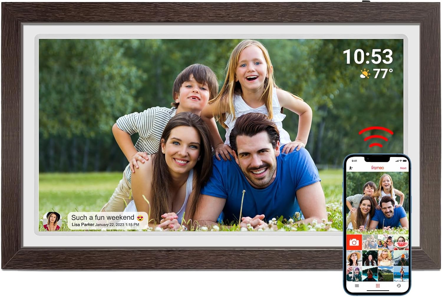 Frameo Marco de fotos digital de 21,5 pulgadas con pantalla táctil LCD IPS 1920 x 1080, WiFi dual para compartir momentos a través de la aplicación Frameo, 32 GB de memoria, ampliable vía USB/tarjeta - 1
