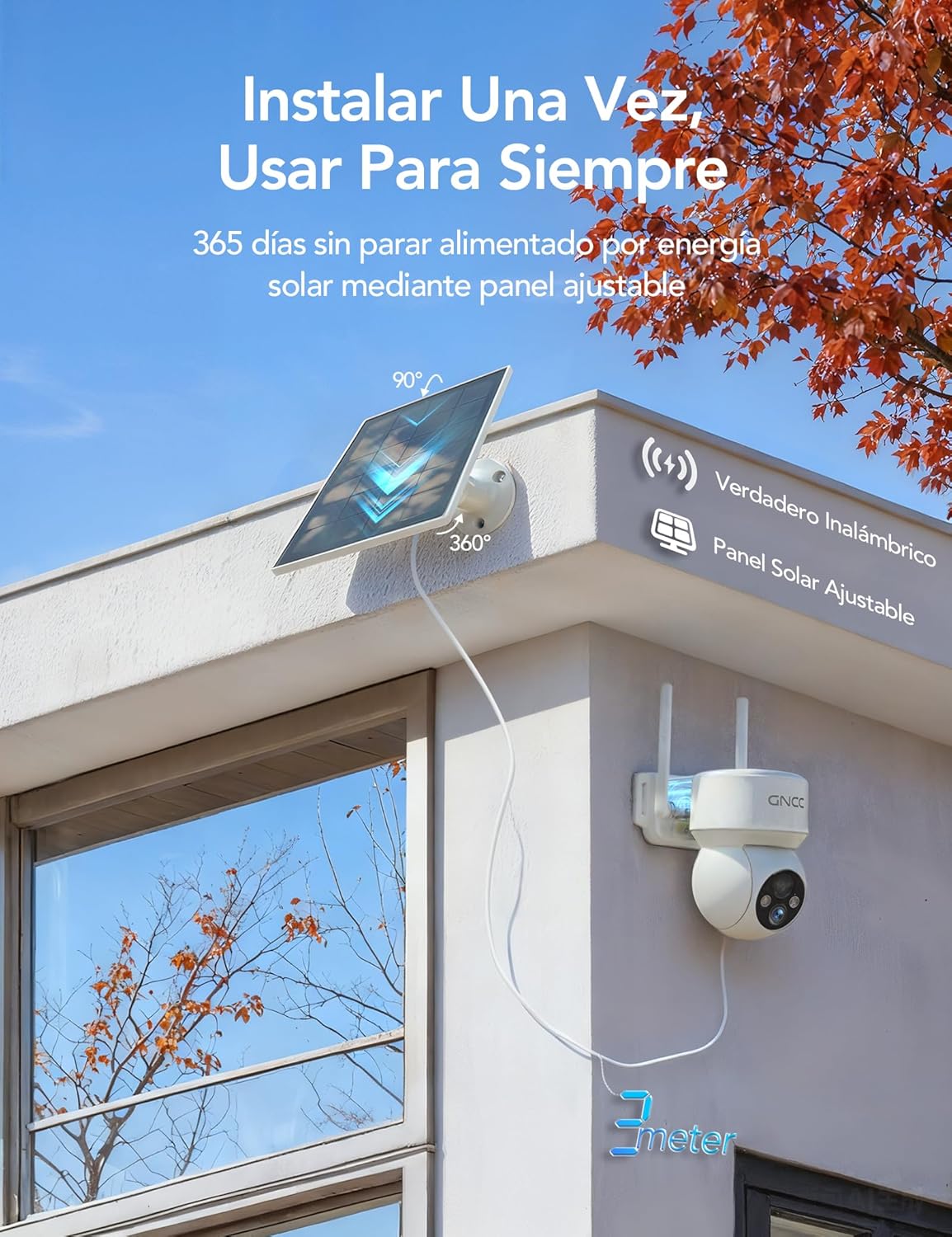 GNCC 2PCS Camara Vigilancia WiFi Exterior Solar con Bateria Sin Cables, 1080p/2MP, 360° PTZ Cámara Vigilancia Exterior Solar, Visión Nocturna Color, Humana Detección IA&PIR Sirena, Audio Bidireccional - 2