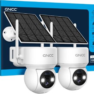 GNCC 2PCS Camara Vigilancia WiFi Exterior Solar con Bateria Sin Cables, 1080p/2MP, 360° PTZ Cámara Vigilancia Exterior Solar, Visión Nocturna Color, Humana Detección IA&PIR Sirena, Audio Bidireccional