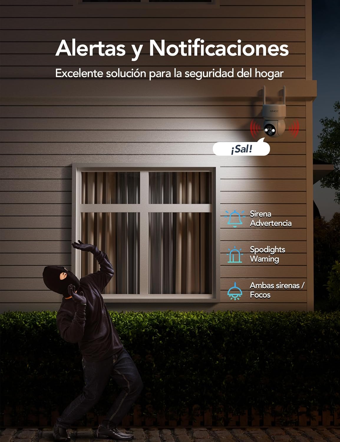 GNCC 2PCS Camara Vigilancia WiFi Exterior Solar con Bateria Sin Cables, 1080p/2MP, 360° PTZ Cámara Vigilancia Exterior Solar, Visión Nocturna Color, Humana Detección IA&PIR Sirena, Audio Bidireccional - 5