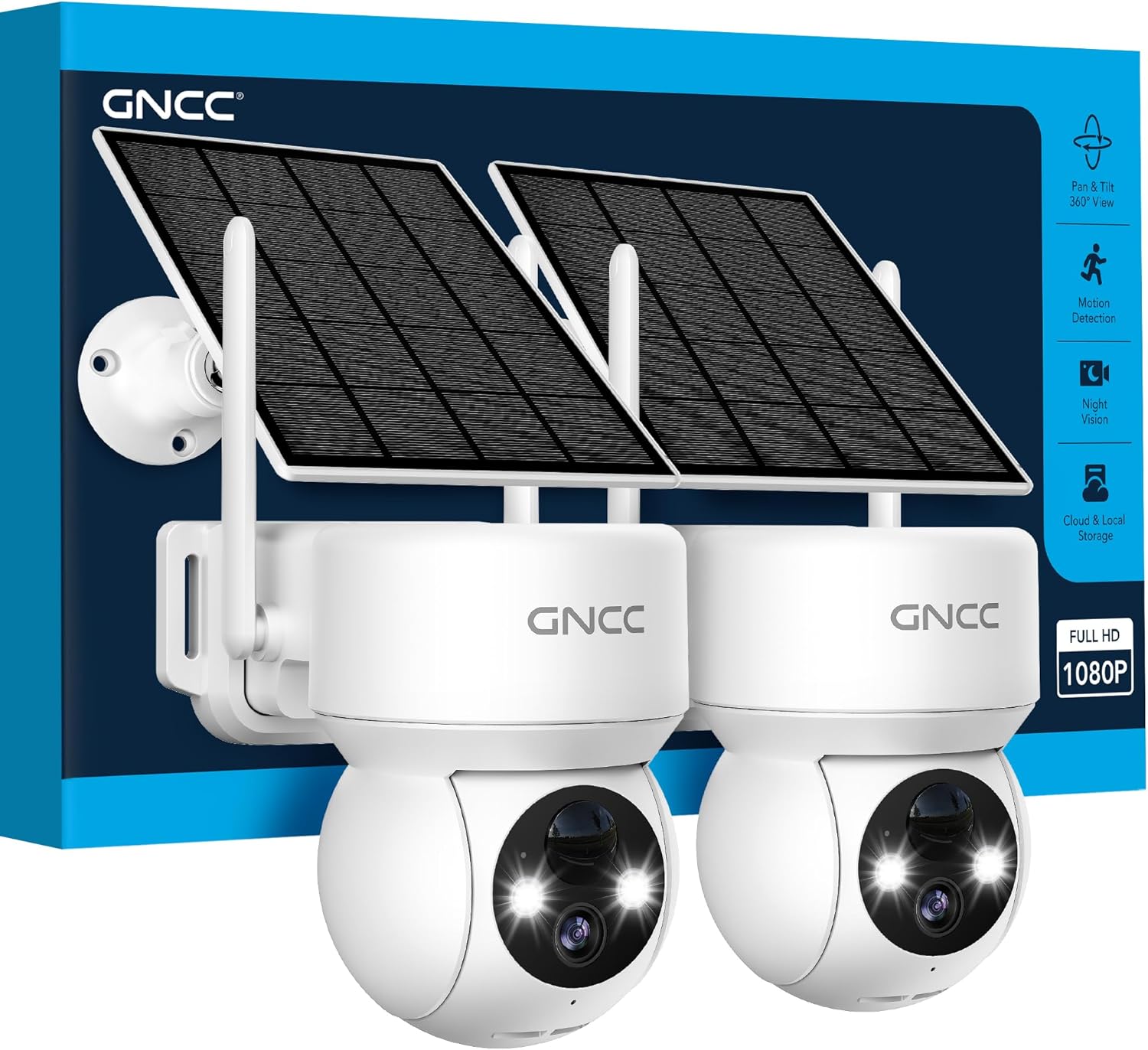 GNCC 2PCS Camara Vigilancia WiFi Exterior Solar con Bateria Sin Cables, 1080p/2MP, 360° PTZ Cámara Vigilancia Exterior Solar, Visión Nocturna Color, Humana Detección IA&PIR Sirena, Audio Bidireccional - 1
