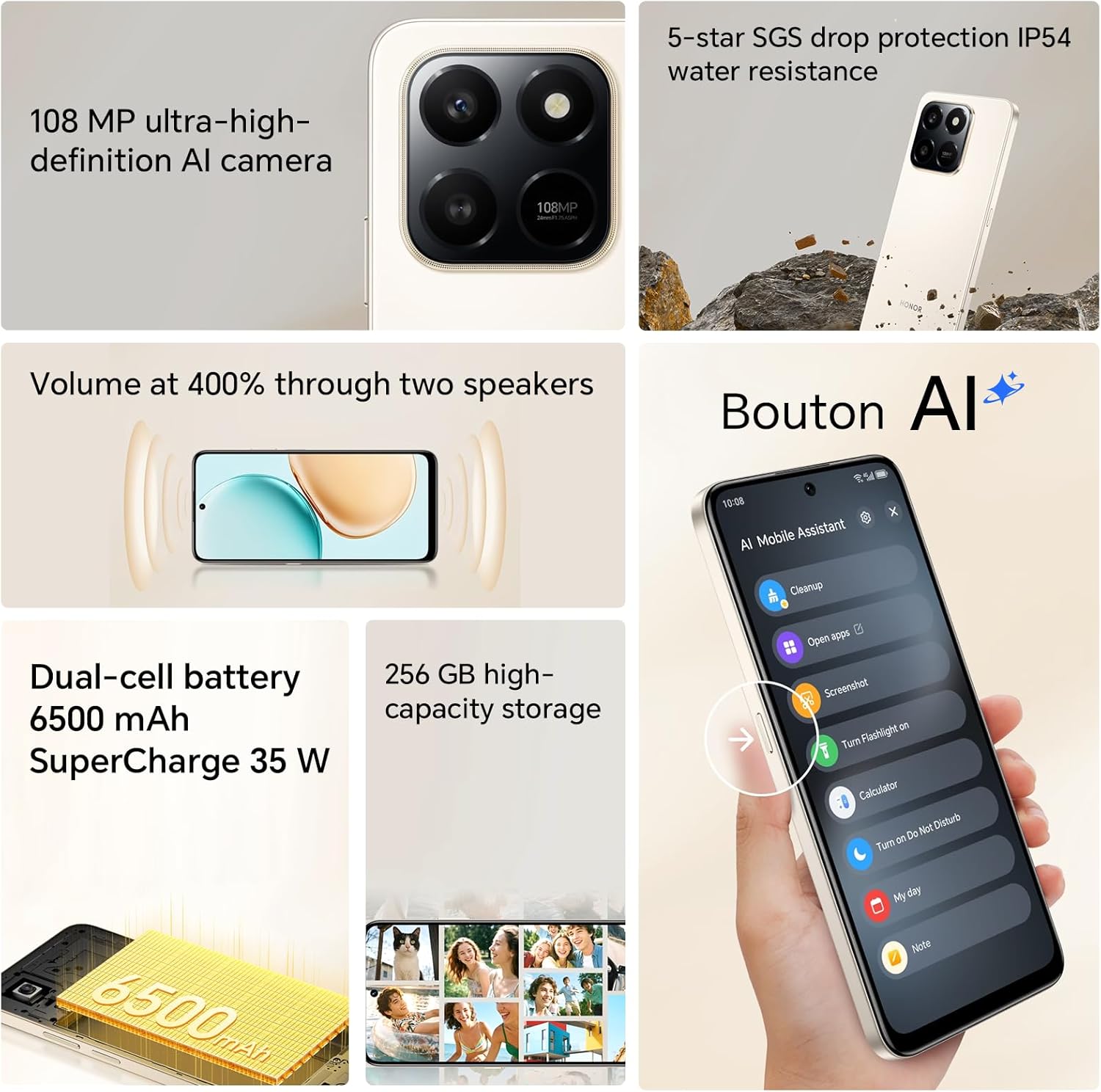 HONOR 400 Smart Smartphone 4G 8GB 256GB, Batería 6500mAh, Pantalla Resistente a Caídas de 6.77" IP54, Cámara Principal de 108MP, Android 15, Dual SIM, NFC, Oro - 2