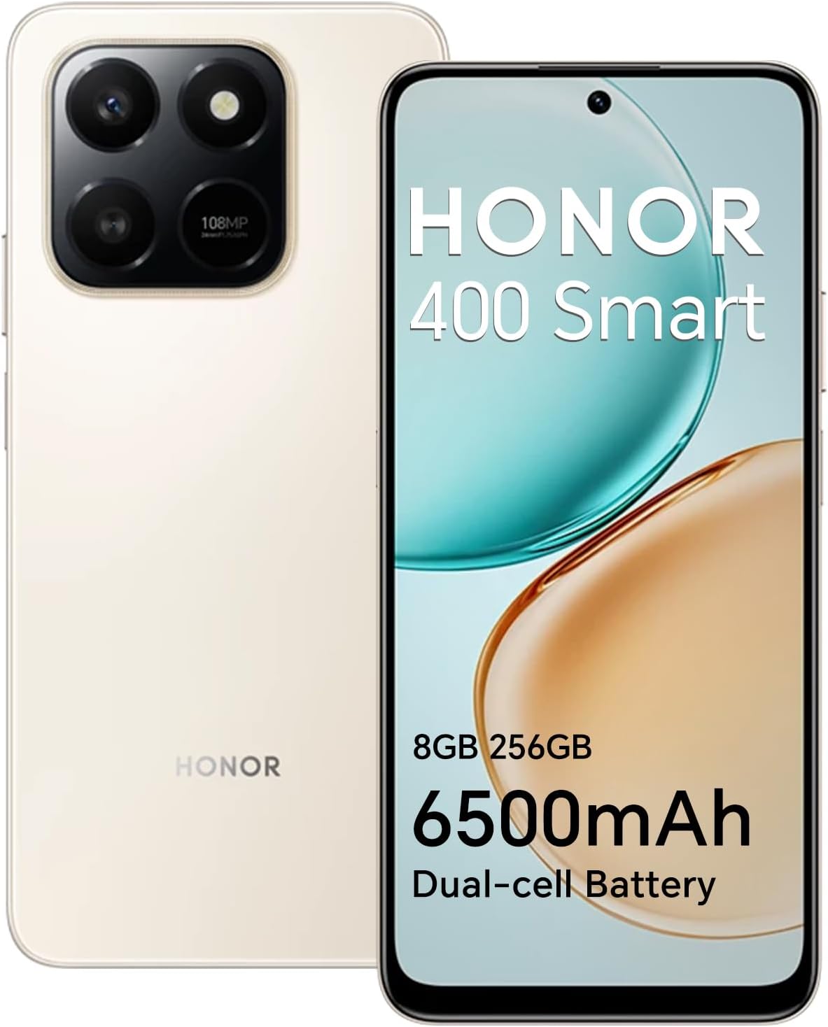 HONOR 400 Smart Smartphone 4G 8GB 256GB, Batería 6500mAh, Pantalla Resistente a Caídas de 6.77" IP54, Cámara Principal de 108MP, Android 15, Dual SIM, NFC, Oro - 1