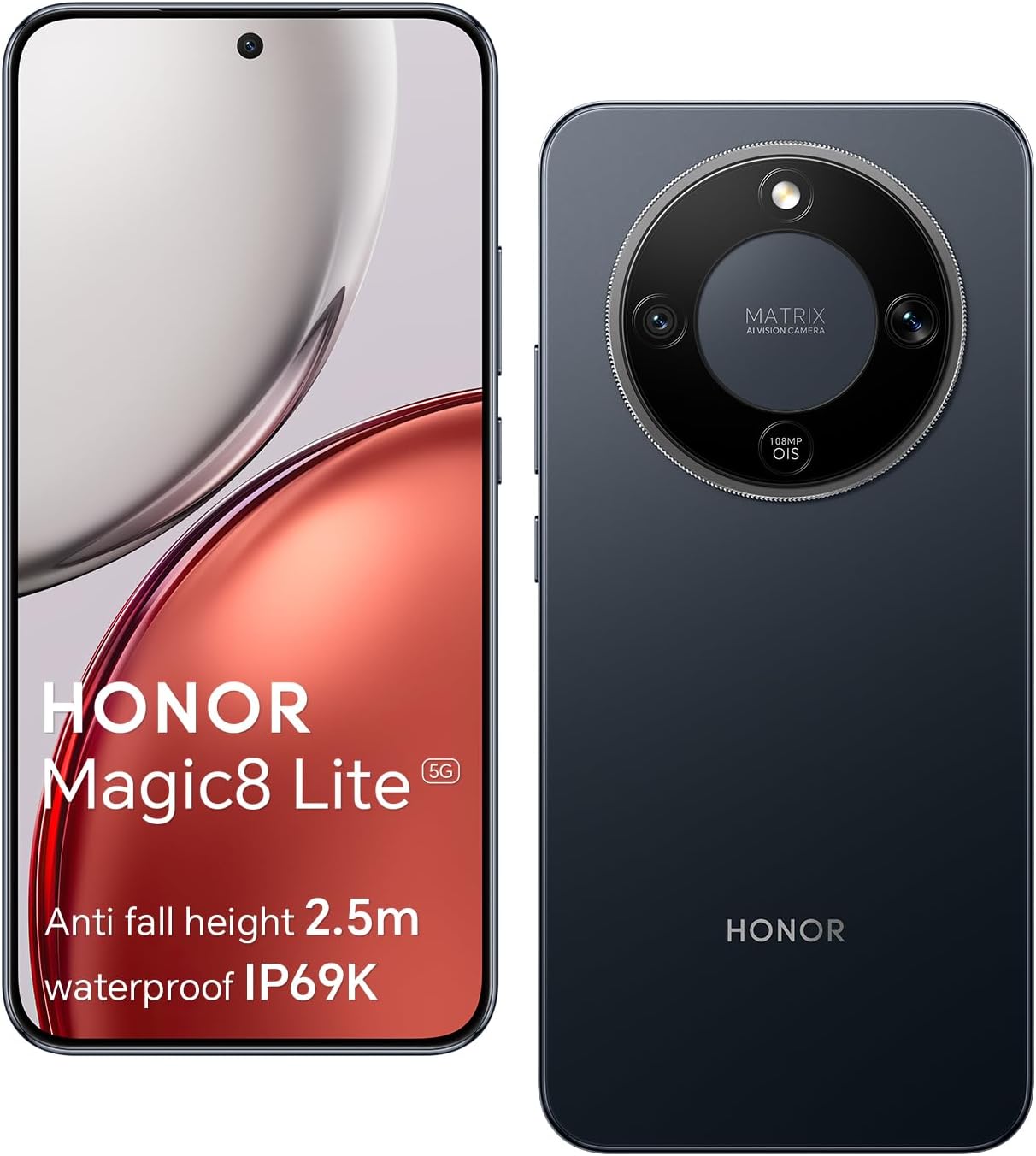 HONOR Magic8 Lite 5G Smartphone, Cámara con IA de 108 MP, Batería de 7330 mAh, 8 GB RAM y 256GB, 6,79" 120 Hz 6000 nits, Snapdragon 6 Gen 4, Resistencia a Caídas de 2,5M, IP69K IP68, Negro - 1
