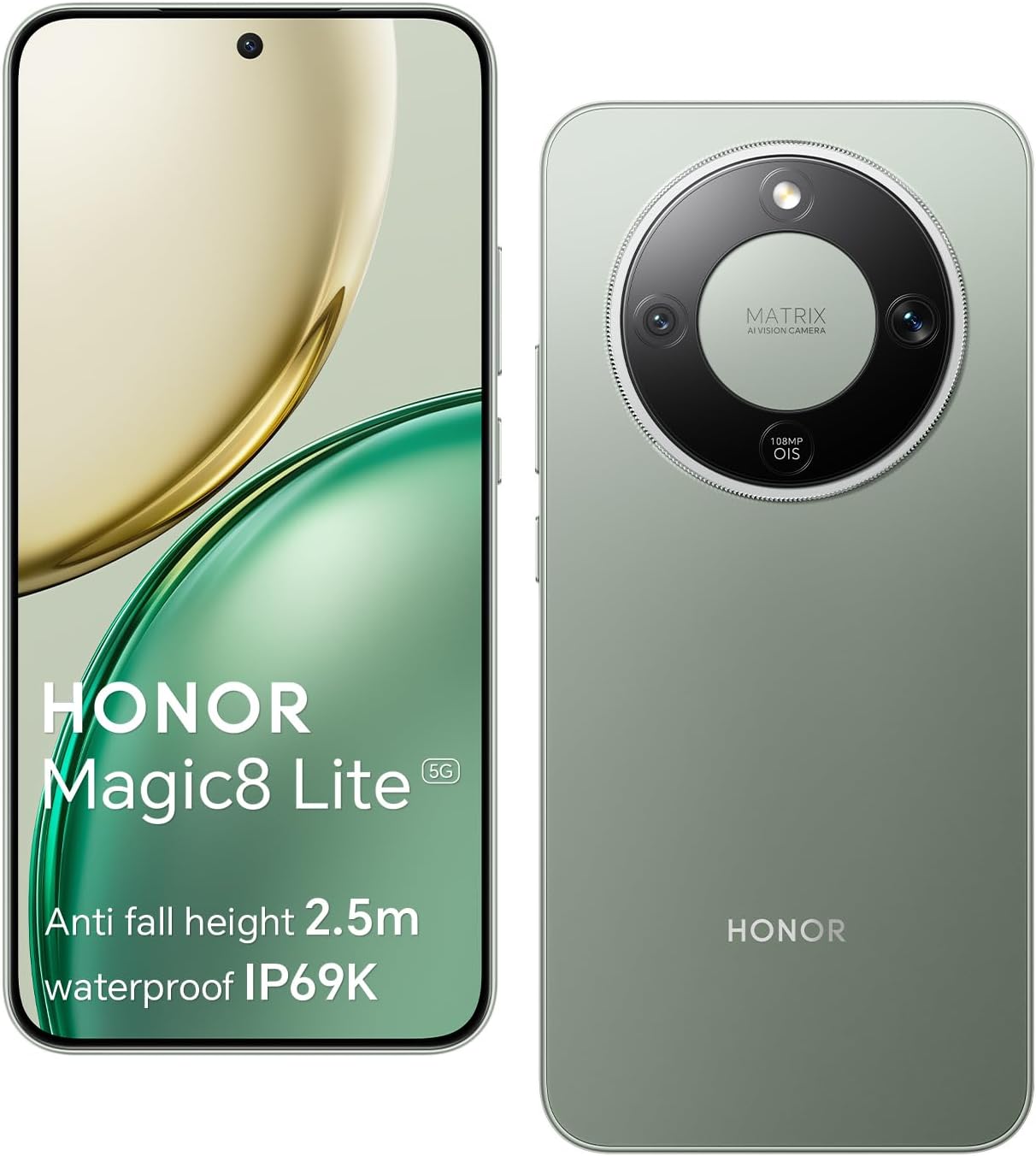 HONOR Magic8 Lite 5G Smartphone, Cámara con IA de 108 MP, Batería de 7330 mAh, 8 GB RAM y 256GB, 6,79" 120 Hz 6000 nits, Snapdragon 6 Gen 4, Resistencia a Caídas de 2,5M, IP69K IP68, Verde - 1
