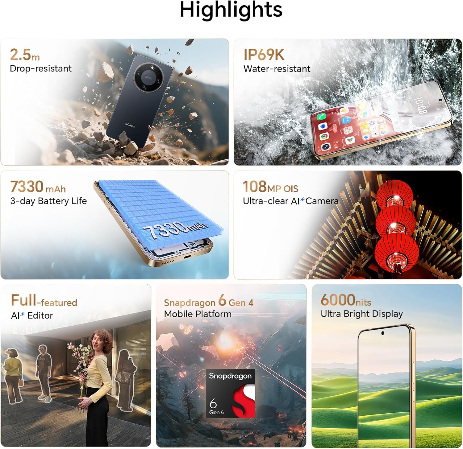 HONOR Magic8 Lite 5G Smartphone, Cámara con IA de 108 MP, Batería de 7330 mAh, 8 GB RAM y 512 GB, 6,79" 120 Hz 6000 nits, Snapdragon 6 Gen 4, Resistencia a Caídas de 2,5M, IP69K IP68, Negro - 2