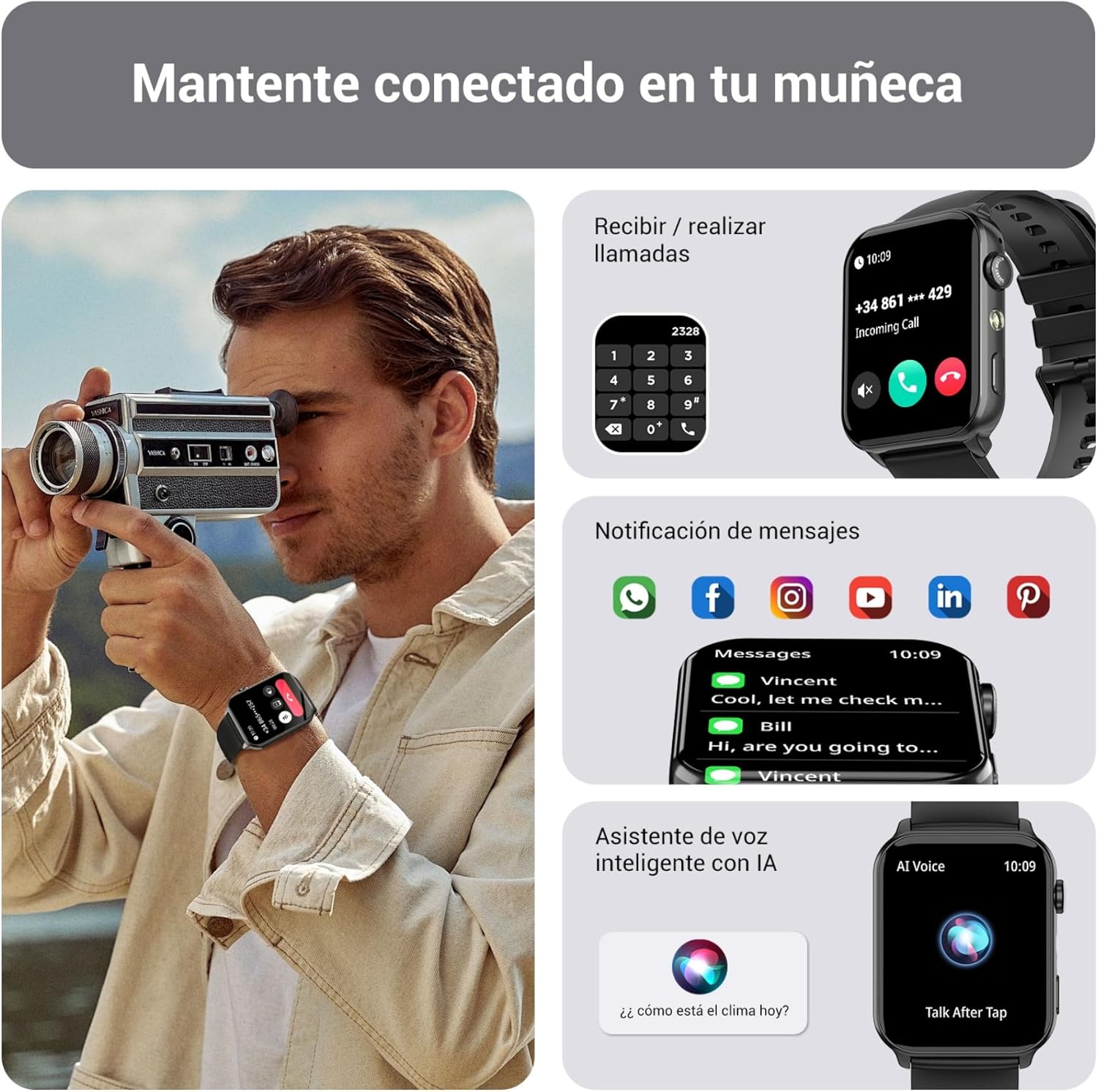 IOWODO Reloj Inteligente Hombre Mujer, Smartwatch Hombre con Linterna, 1.91" Reloj Inteligente con Llamadas, 2 Correas, Monitor Cardíaco 24h/SpO2/Sueño, IP68 Impermeable Smartwatch para Android iOS - 2
