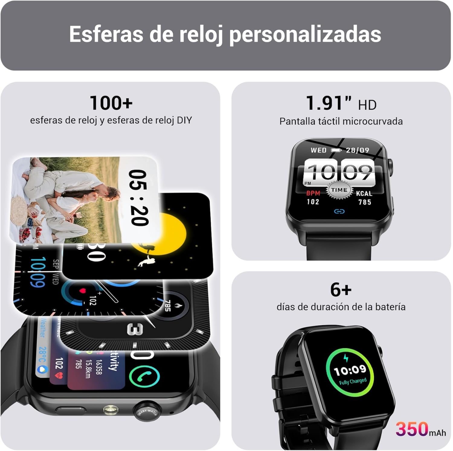 IOWODO Reloj Inteligente Hombre Mujer, Smartwatch Hombre con Linterna, 1.91" Reloj Inteligente con Llamadas, 2 Correas, Monitor Cardíaco 24h/SpO2/Sueño, IP68 Impermeable Smartwatch para Android iOS - 3