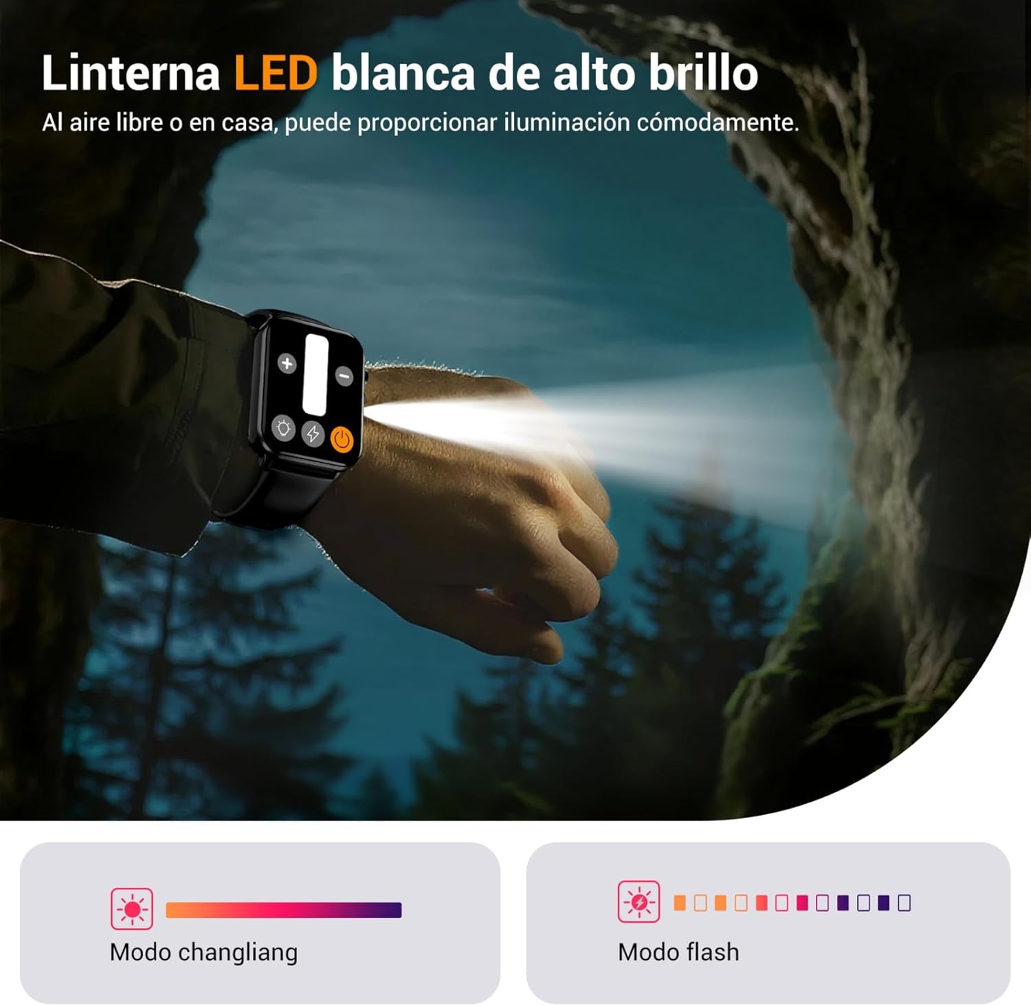 IOWODO Reloj Inteligente Hombre Mujer, Smartwatch Hombre con Linterna, 1.91" Reloj Inteligente con Llamadas, 2 Correas, Monitor Cardíaco 24h/SpO2/Sueño, IP68 Impermeable Smartwatch para Android iOS - 4