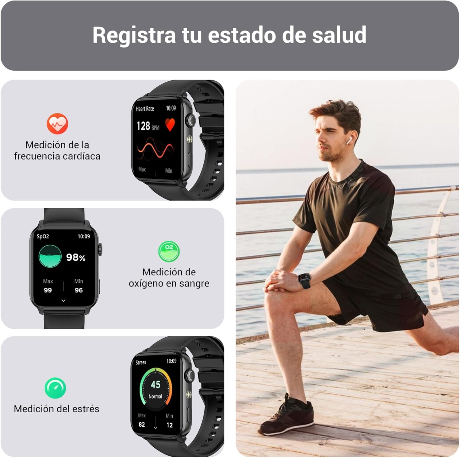 IOWODO Reloj Inteligente Hombre Mujer, Smartwatch Hombre con Linterna, 1.91" Reloj Inteligente con Llamadas, 2 Correas, Monitor Cardíaco 24h/SpO2/Sueño, IP68 Impermeable Smartwatch para Android iOS - 5