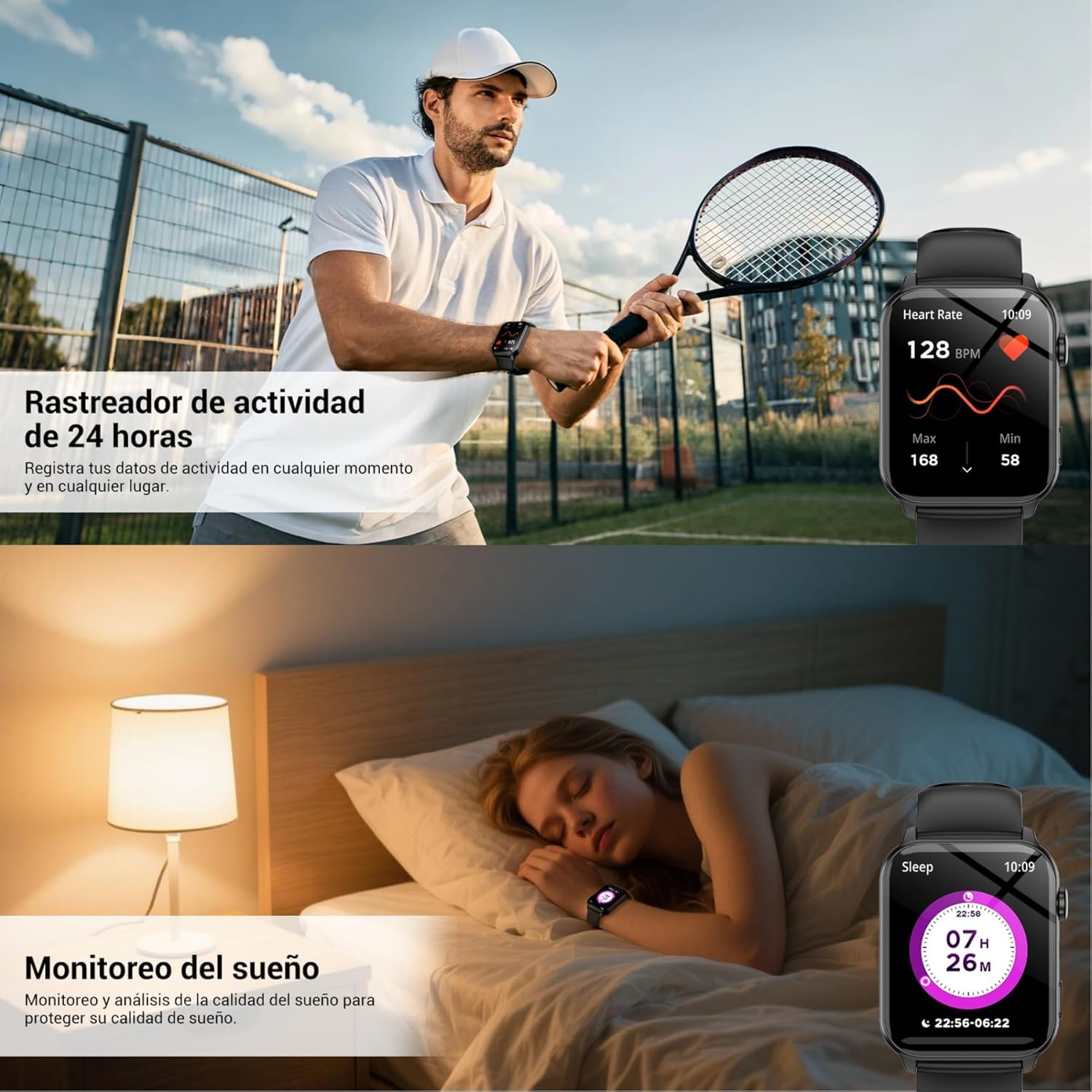 IOWODO Reloj Inteligente Hombre Mujer, Smartwatch Hombre con Linterna, 1.91" Reloj Inteligente con Llamadas, 2 Correas, Monitor Cardíaco 24h/SpO2/Sueño, IP68 Impermeable Smartwatch para Android iOS - 6