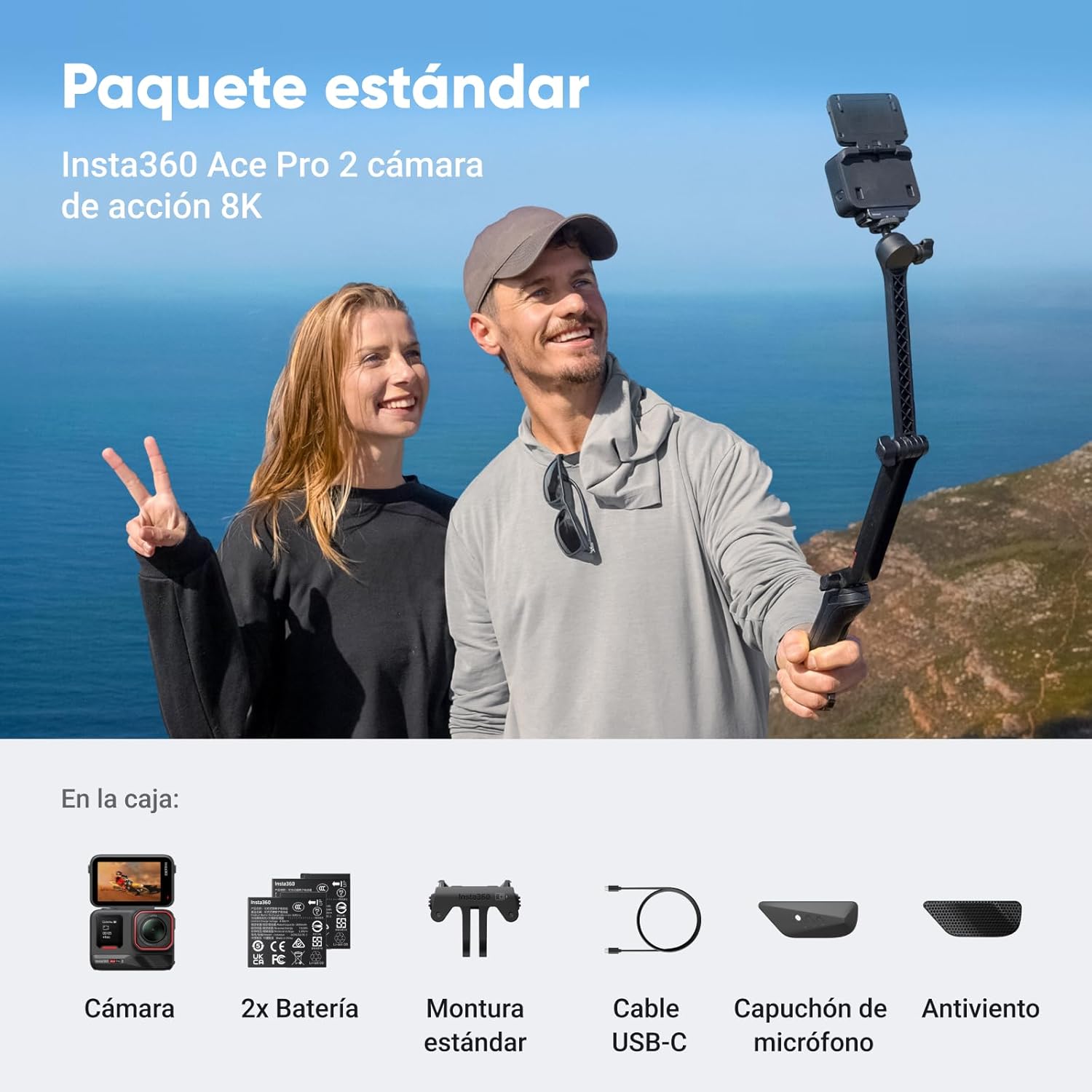 Insta360 Ace Pro 2 - Paquete de batería dual estándar - Cámara de acción impermeable 8K codiseñada con Leica, sensor de 1/1.3 pulgadas, chip AI dual, luz baja, audio superior, pantalla abatible y - 2