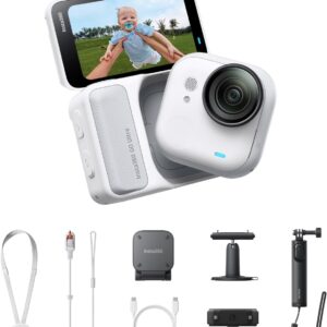 Insta360 GO Ultra Paquete de creador Blanco-Pequeña cámara vlog 4K, Manos Libres, cámara POV, Sensor de 1/1,28", Peso de 53 g, 156° FOV, batería 200min, cámara de acción portátil para Deportes