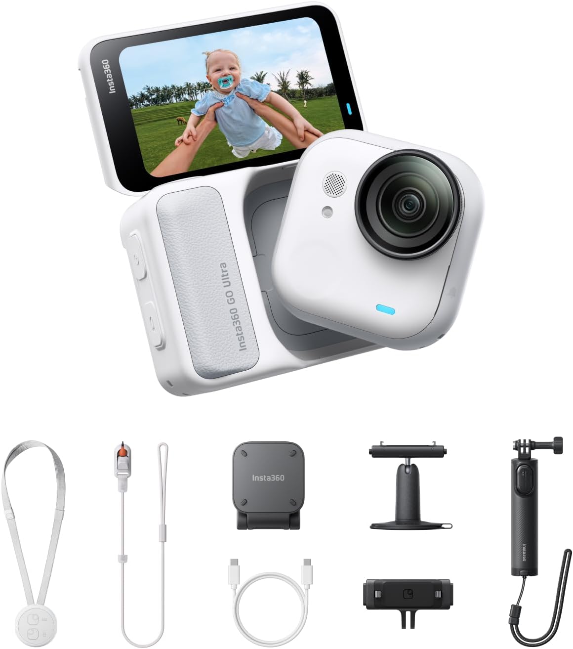 Insta360 GO Ultra Paquete de creador Blanco-Pequeña cámara vlog 4K, Manos Libres, cámara POV, Sensor de 1/1,28", Peso de 53 g, 156° FOV, batería 200min, cámara de acción portátil para Deportes - 1