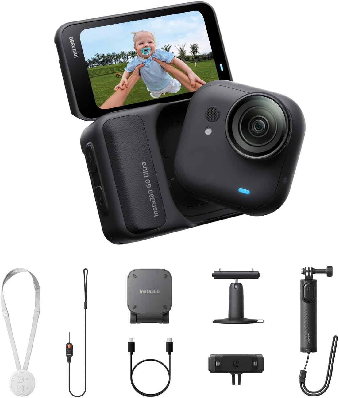 Insta360 GO Ultra Paquete de creador Negro Medianoche - Pequeña cámara 4K Manos Libres, Ligera y Portable, Excelencia con Poca luz, Montaje polivalente, FlowState, 200 min de batería, Impermeable 10m - 1