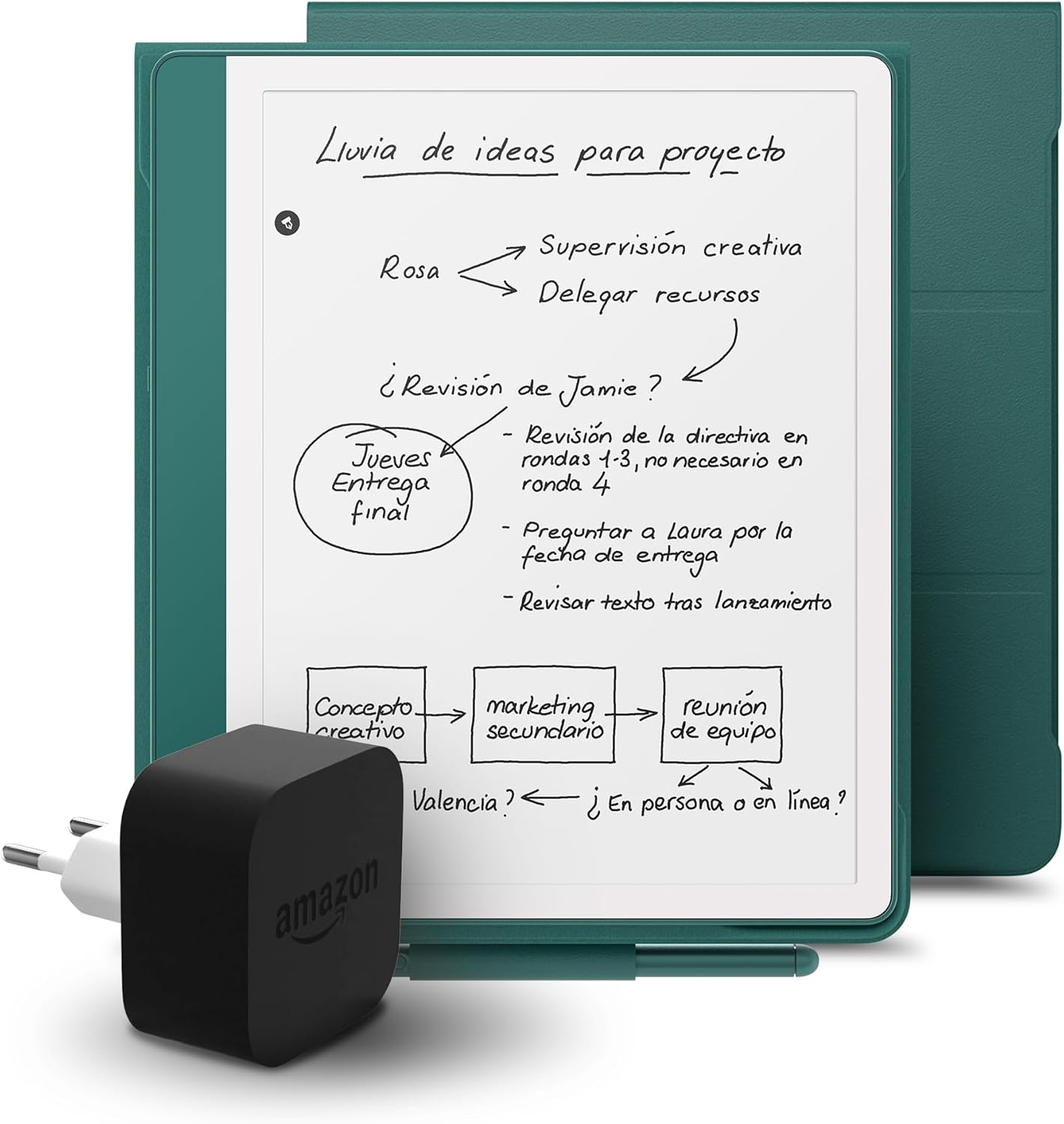 Kindle Scribe (versión 2024) de 64 GB, una funda basada en plantas de Amazon y un adaptador de corriente Amazon Powerfast de 9 W - 6