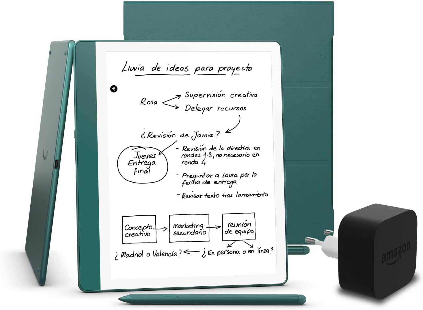 Kindle Scribe (versión 2024) de 64 GB, una funda basada en plantas de Amazon y un adaptador de corriente Amazon Powerfast de 9 W - 1