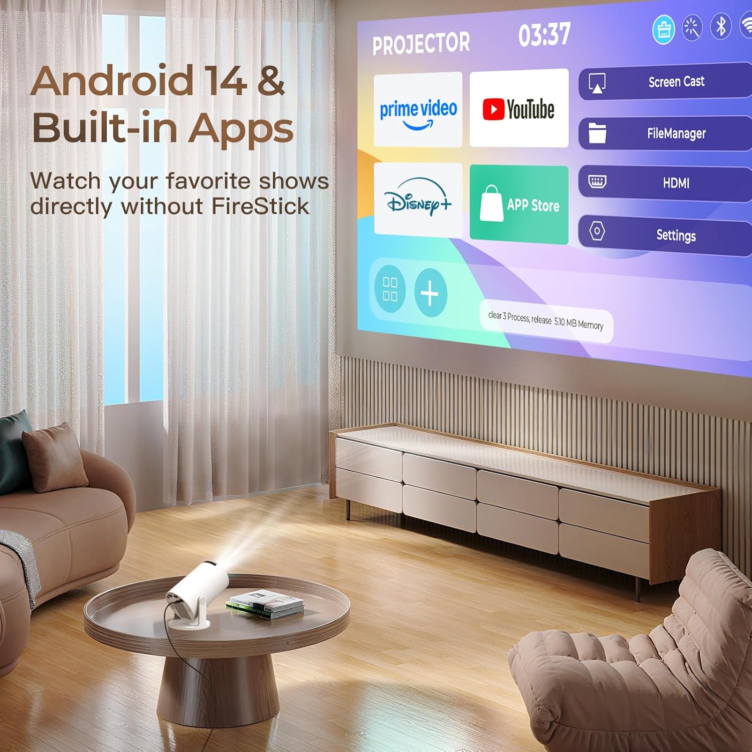 Mini Proyector con WiFi y Bluetooth Integrado, Android 14, 1080P 4K, Proyector Portátil, Rotación de 180°, Actualización HY300pro+, para Uso Doméstico y Exterior LYNCAST OptiBarrel 500 - 2