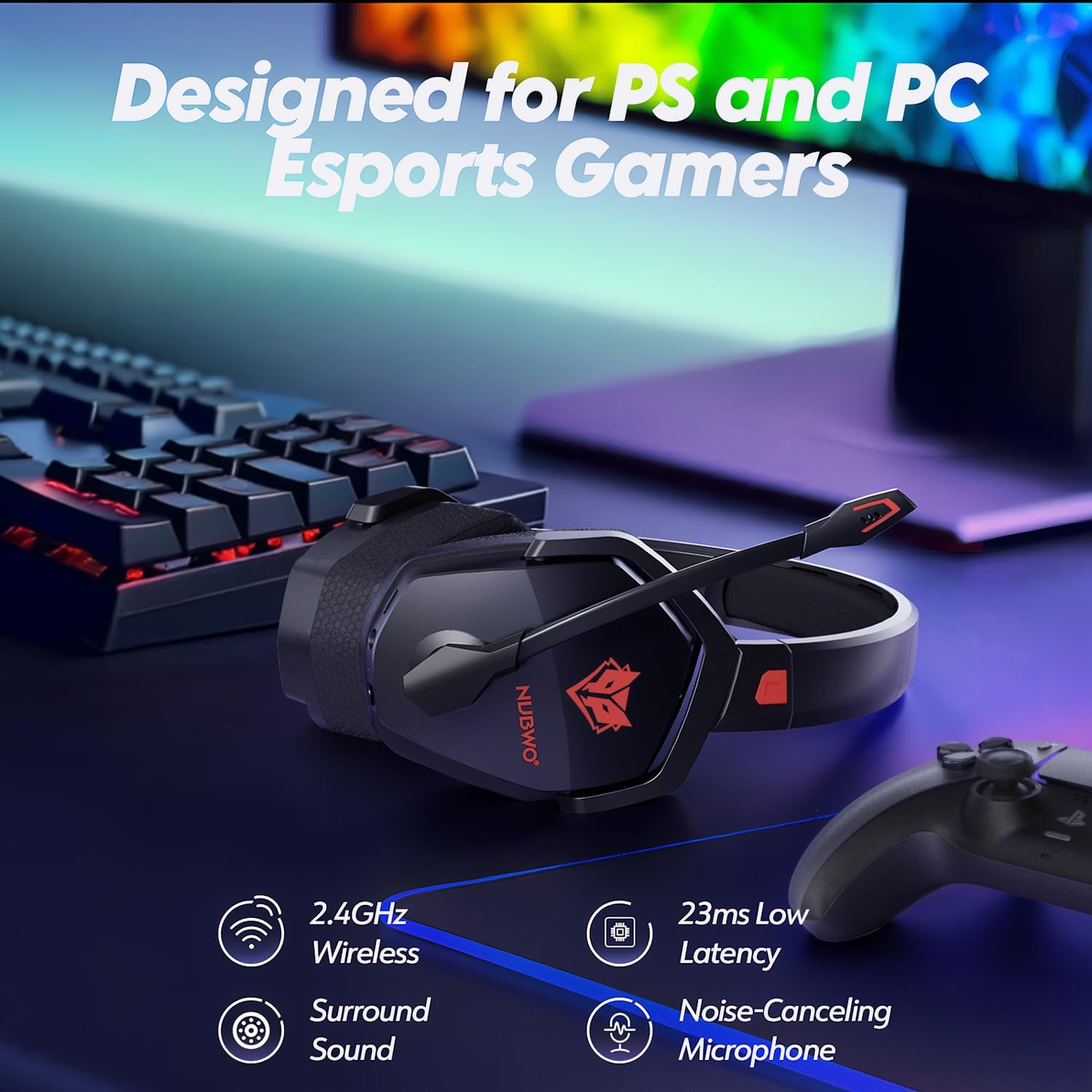 NUBWO G06 Cascos Gaming Inalámbricos con Drivers de 50 mm para PC/Ps5/Ps4/NS/Mobile, Auriculares Gaming Inalámbricos con 2.4 GHz+Bluetooth 5.3 Modo Dual, 7.1 Sonido Envolvente, Duración 100Hr+ - Rojo - 2