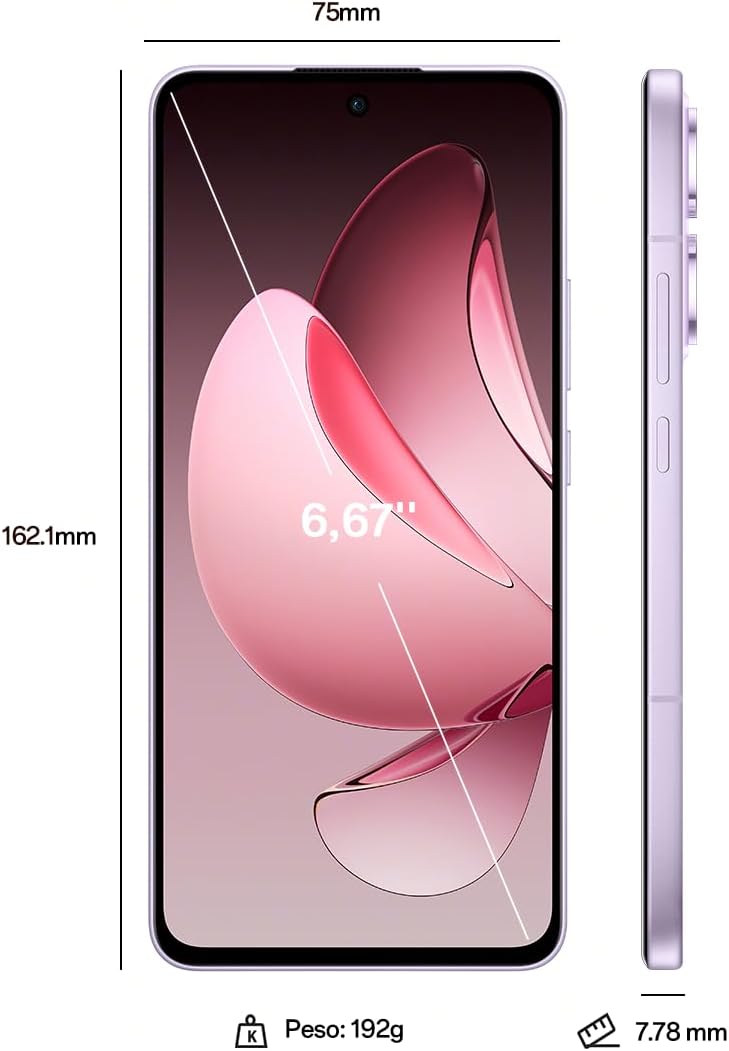 OPPO Reno13 F 5G - Smartphone Libre con IA, 8GB RAM + 256, Pantalla AMOLED 6.67" 120Hz, Cámara 50MP, IP69, Batería 5.800, Carga Rápida 45W, Versión Española - Morado - 2
