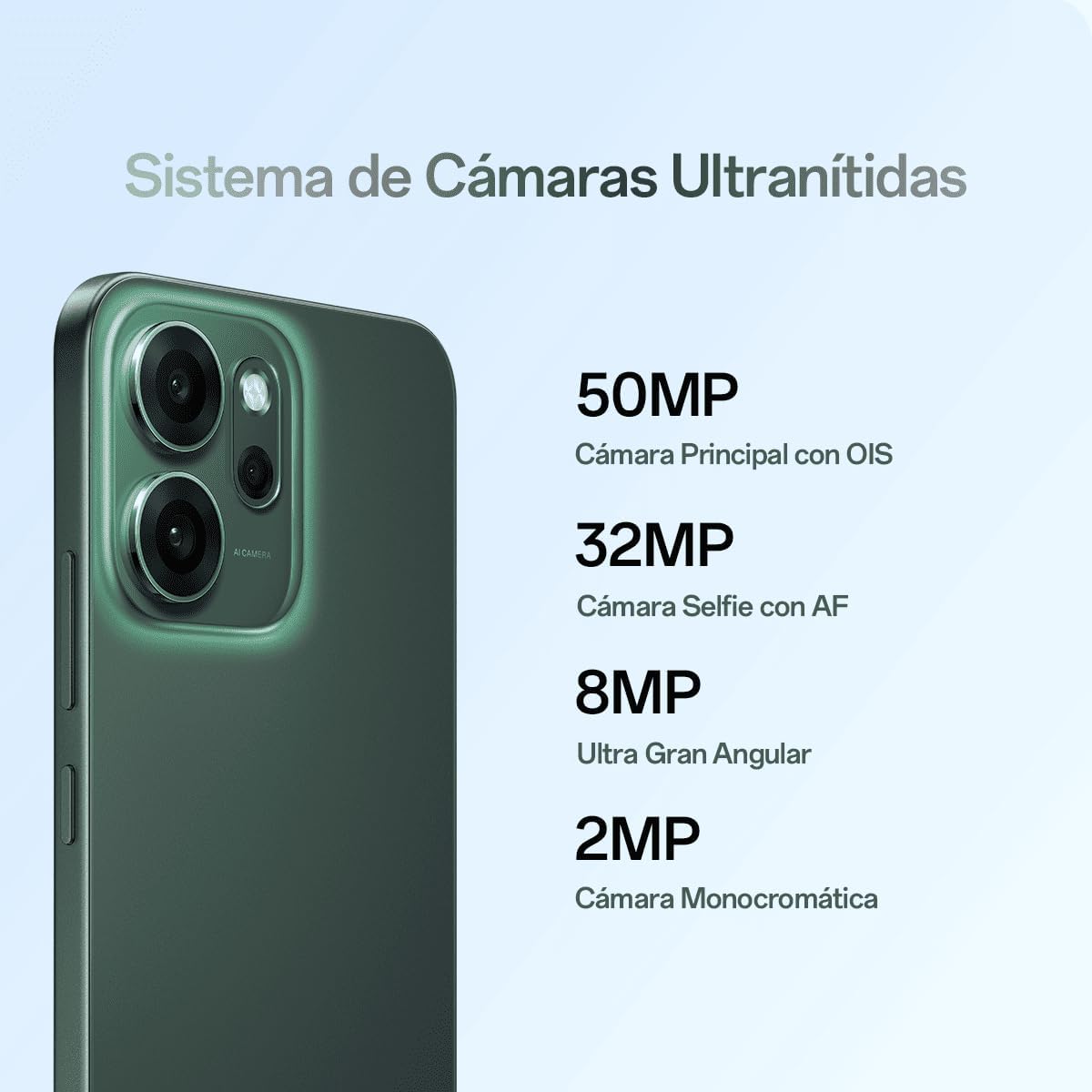 OPPO Reno14 F 5G – Smartphone Libre con IA, 8GB RAM + 256GB, Cámara Triple 50MP, Batería 6000mAh, Carga Rápida 45W, Pantalla AMOLED 120Hz, IP69, Dual SIM, Android, Versión Española - Opal Blue - 2