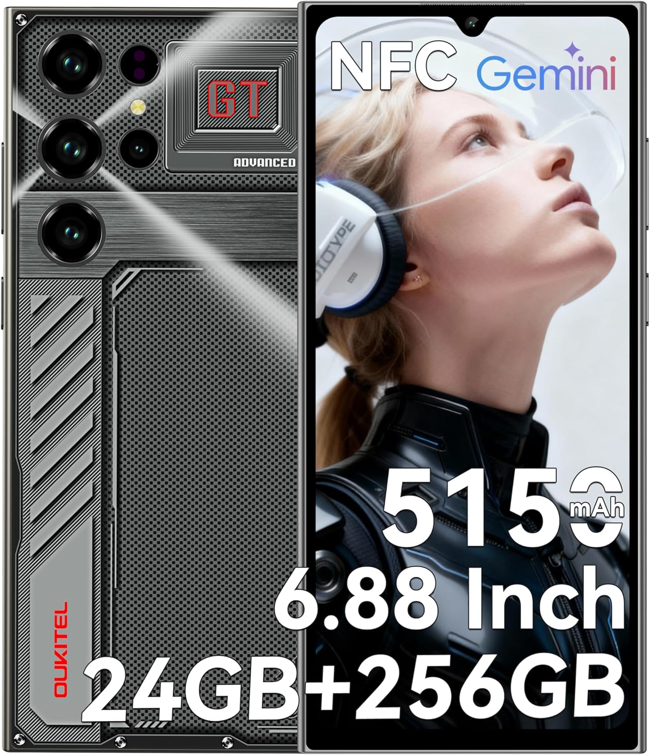 OUKITEL C61 GT Telefonos Moviles Libres - 24GB RAM+256GB ROM/TF 1TB 6,88 Pulgadas HD+ 90Hz Telefono Movil, 5150mAh, Android 15 Smartphone,13MP+5MP,Gemini AI/4G Dual SIM/Face ID/Fingerprint/NFC-2026 - 1