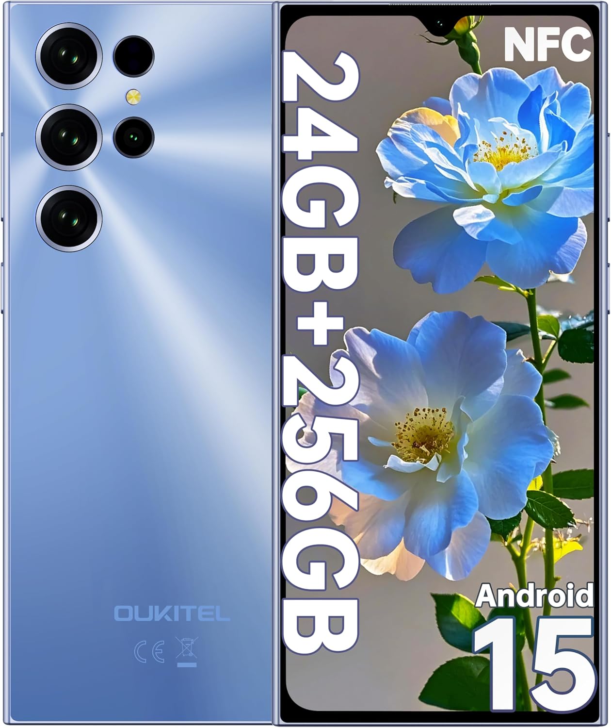 OUKITEL C61 Pro Telefonos Moviles Libres - 24GB+256GB/1TB Smartphone, 6.88" Pantalla HD+ 90Hz Telefono Movil Android 15, Batería 5150mAh, Cámara 13MP Moviles, 4G Dual SIM, NFC/GPS/Altavoz 95 dB, Azul - 1