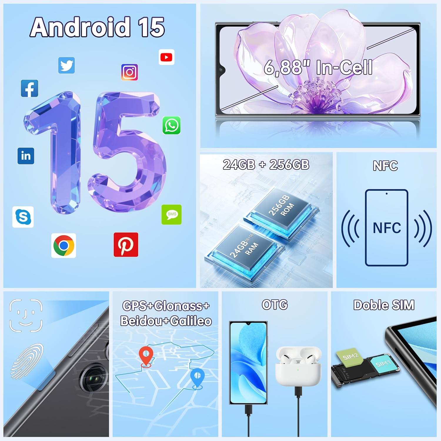 OUKITEL C61 Pro Telefonos Moviles Libres - 6.88" Pantalla HD+ 90Hz Smartphone, 24GB+256GB/1TB Telefono Movil Android 15, Batería 5150mAh, Cámara 13MP Moviles, 4G SIM, NFC/Face ID/Fingerprint, Gris - 6