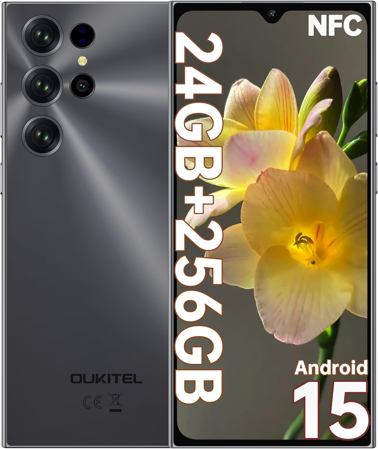 OUKITEL C61 Pro Telefonos Moviles Libres - 6.88" Pantalla HD+ 90Hz Smartphone, 24GB+256GB/1TB Telefono Movil Android 15, Batería 5150mAh, Cámara 13MP Moviles, 4G SIM, NFC/Face ID/Fingerprint, Gris - 1