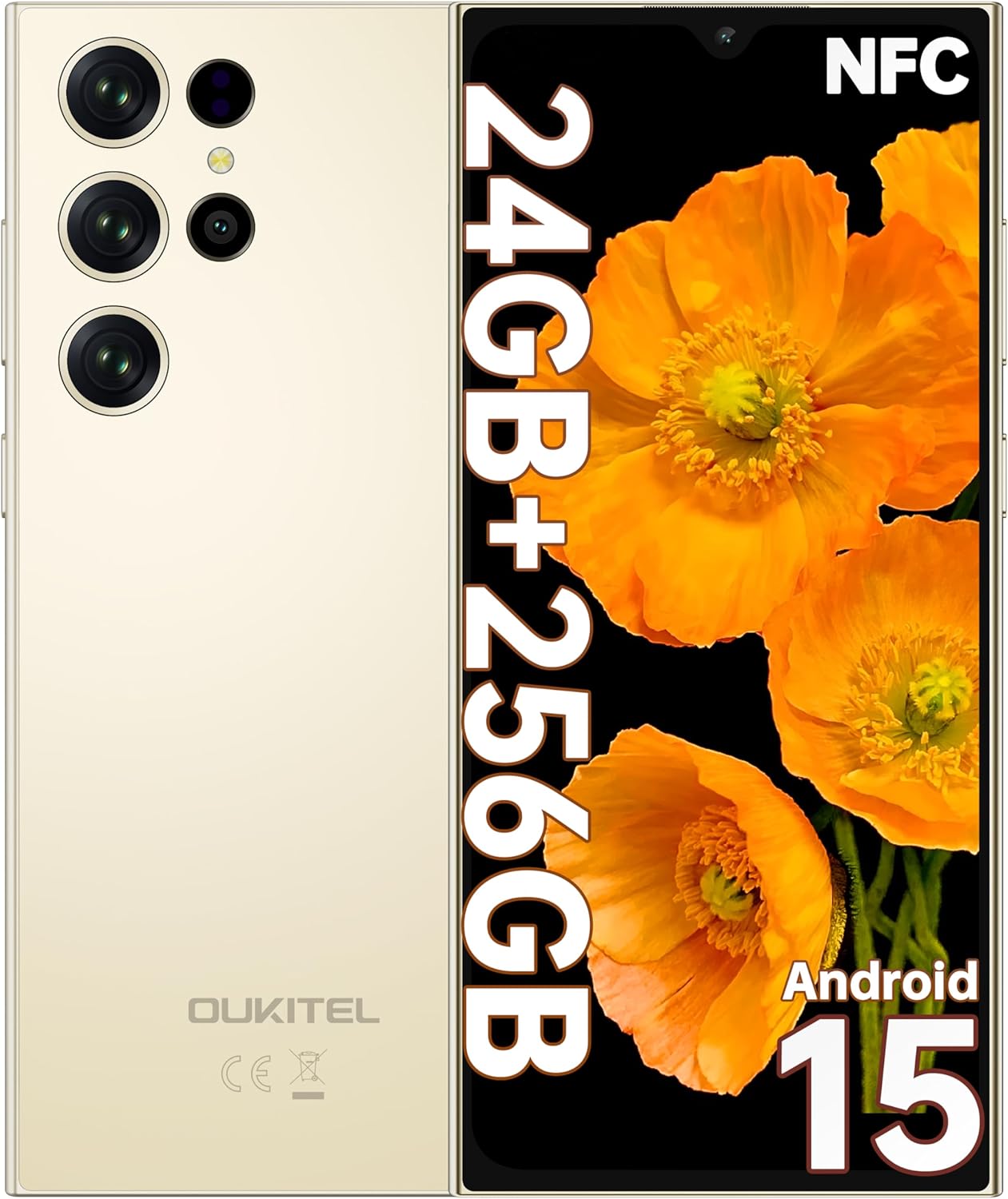 OUKITEL C61 Pro Telefonos Moviles Libres - Android 15 Smartphone, 24GB+256GB/1TB, 6.88" Pantalla HD+ 90Hz Telefono Movil, Batería 5150mAh, Cámara 13MP Moviles, 4G Dual SIM, NFC/GPS/Altavoz 95 dB, Oro - 1