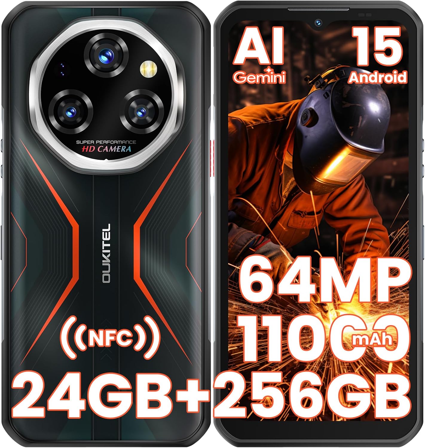 OUKITEL WP55 S Móvil Rugerizado MTK G100 Android 15 Gemini AI Movil Resistente 24GB RAM+256GB ROM/2TB TF Telefono Rugerizado 11000mAh/33W 6.6 FHD 120Hz 64MP+32MP/Dual SIM/NFC/GPS/OTG/5G WiFi/BT 5.2 - 1