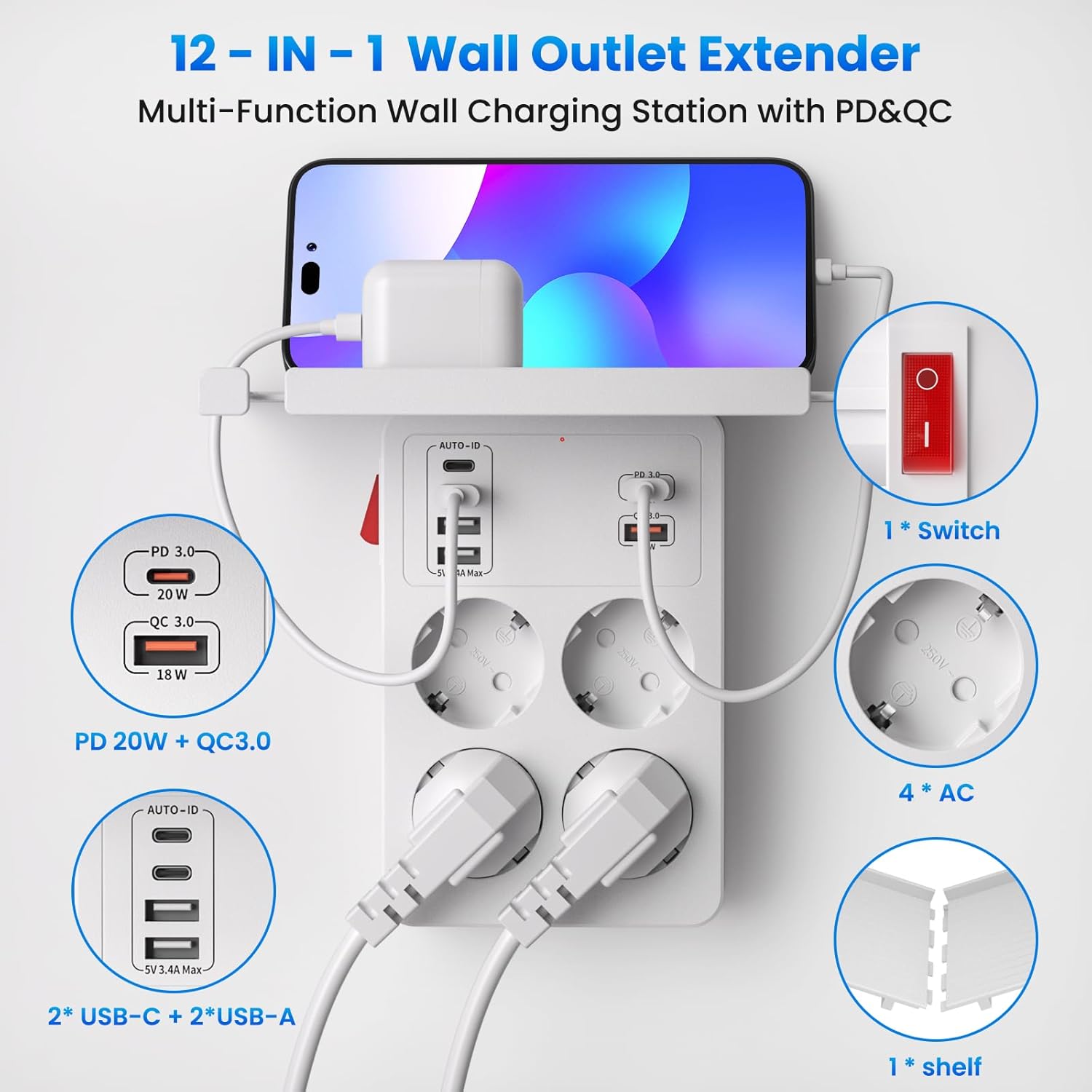 PD20W Ladron Enchufes con Interruptor, Enchufe Multiple con Carga Rápida PD3.0 y QC18W, Regletas Enchufes Pared con 4 Tomas y 6 USB Cargador,Alargador Enchufe Adaptador Tipo C con Estanteria,Blanco - 2