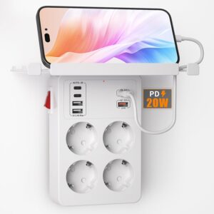 PD20W Ladron Enchufes con Interruptor, Enchufe Multiple con Carga Rápida PD3.0 y QC18W, Regletas Enchufes Pared con 4 Tomas y 6 USB Cargador,Alargador Enchufe Adaptador Tipo C con Estanteria,Blanco