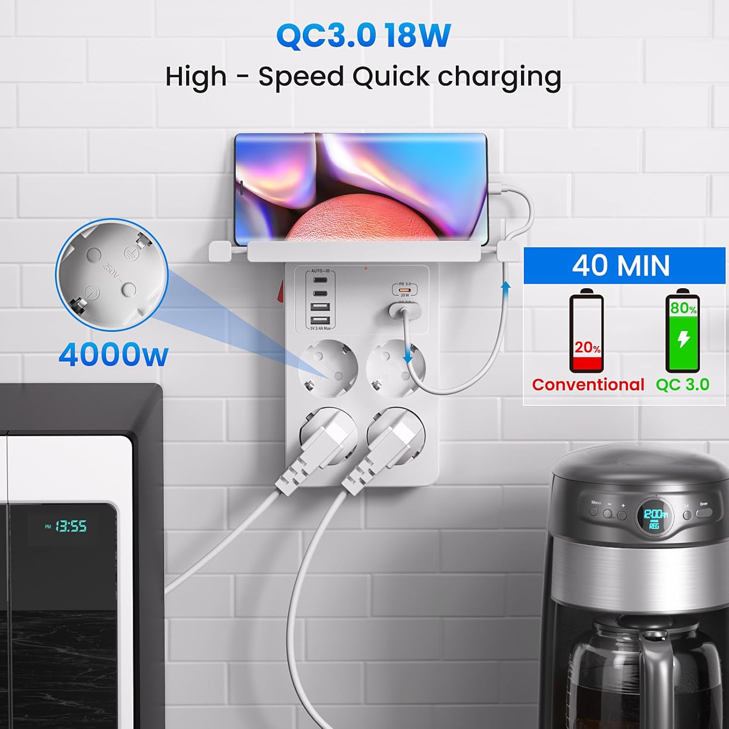 PD20W Ladron Enchufes con Interruptor, Enchufe Multiple con Carga Rápida PD3.0 y QC18W, Regletas Enchufes Pared con 4 Tomas y 6 USB Cargador,Alargador Enchufe Adaptador Tipo C con Estanteria,Blanco - 4
