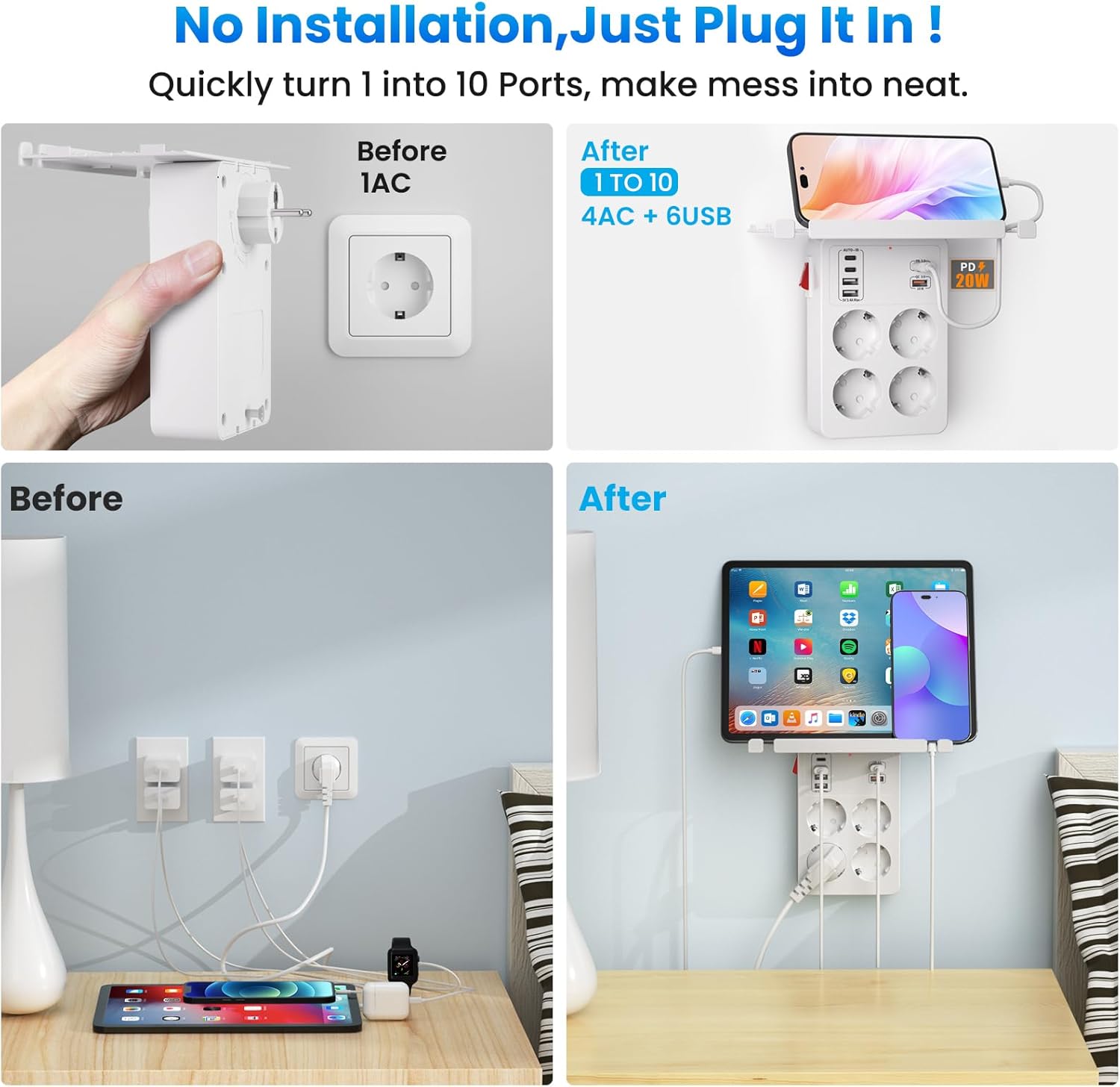 PD20W Ladron Enchufes con Interruptor, Enchufe Multiple con Carga Rápida PD3.0 y QC18W, Regletas Enchufes Pared con 4 Tomas y 6 USB Cargador,Alargador Enchufe Adaptador Tipo C con Estanteria,Blanco - 5