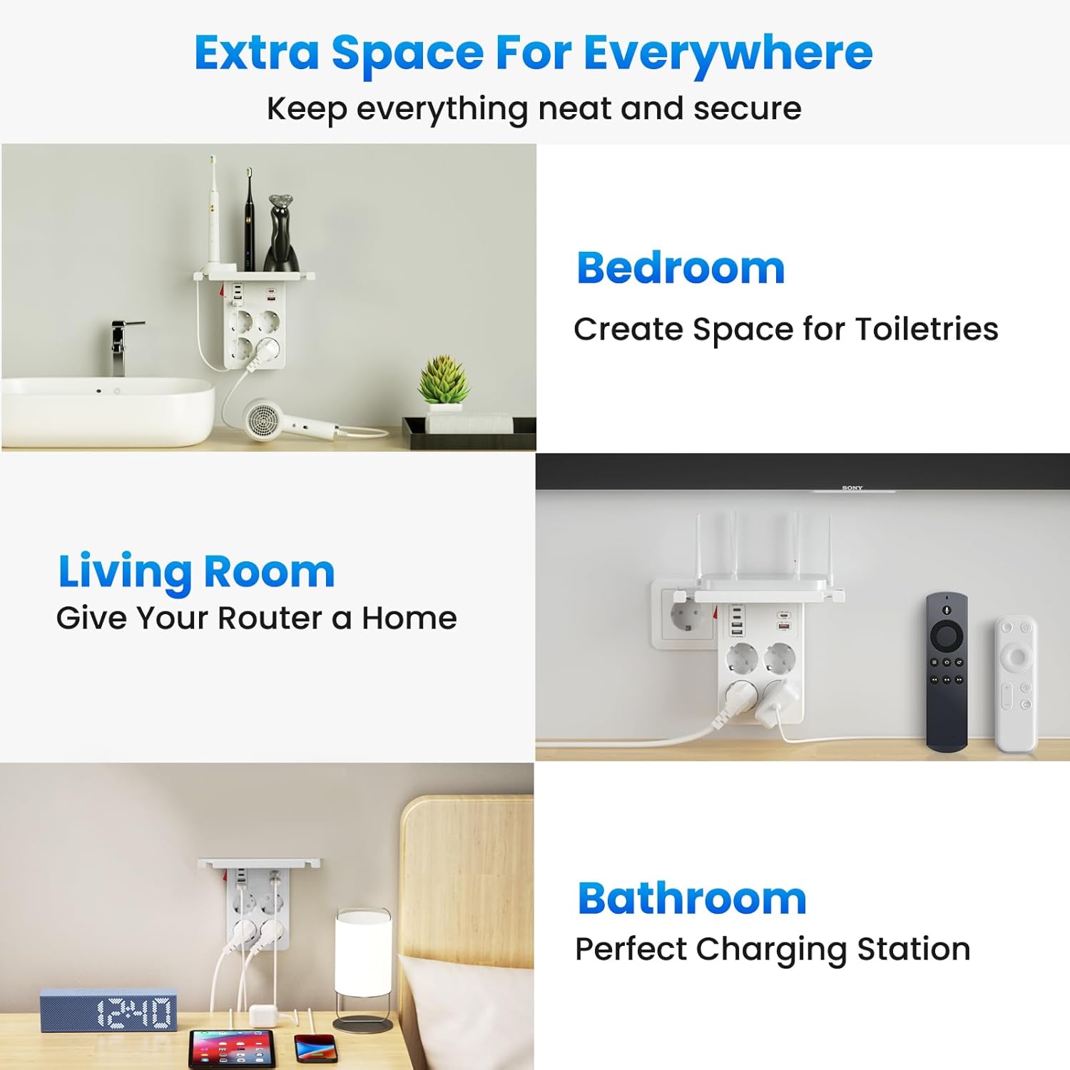 PD20W Ladron Enchufes con Interruptor, Enchufe Multiple con Carga Rápida PD3.0 y QC18W, Regletas Enchufes Pared con 4 Tomas y 6 USB Cargador,Alargador Enchufe Adaptador Tipo C con Estanteria,Blanco - 6