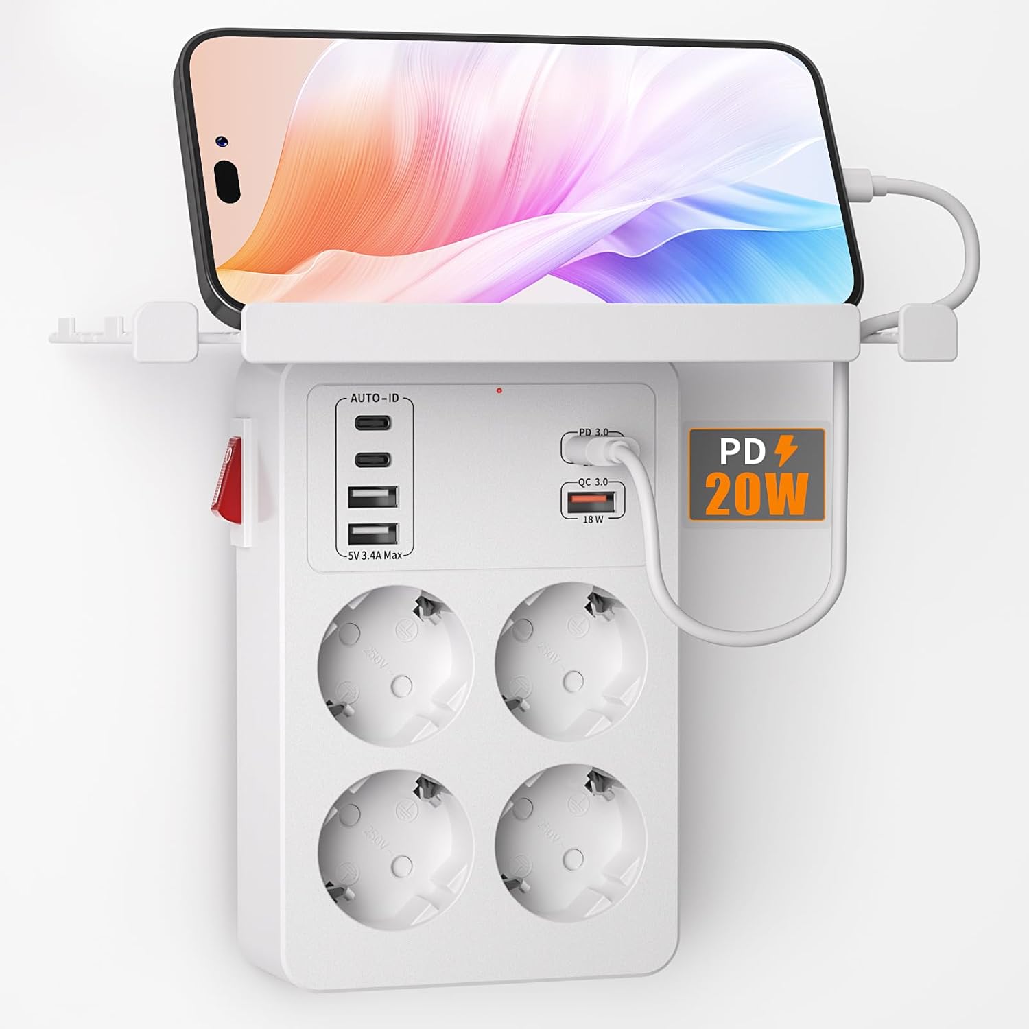 PD20W Ladron Enchufes con Interruptor, Enchufe Multiple con Carga Rápida PD3.0 y QC18W, Regletas Enchufes Pared con 4 Tomas y 6 USB Cargador,Alargador Enchufe Adaptador Tipo C con Estanteria,Blanco - 1
