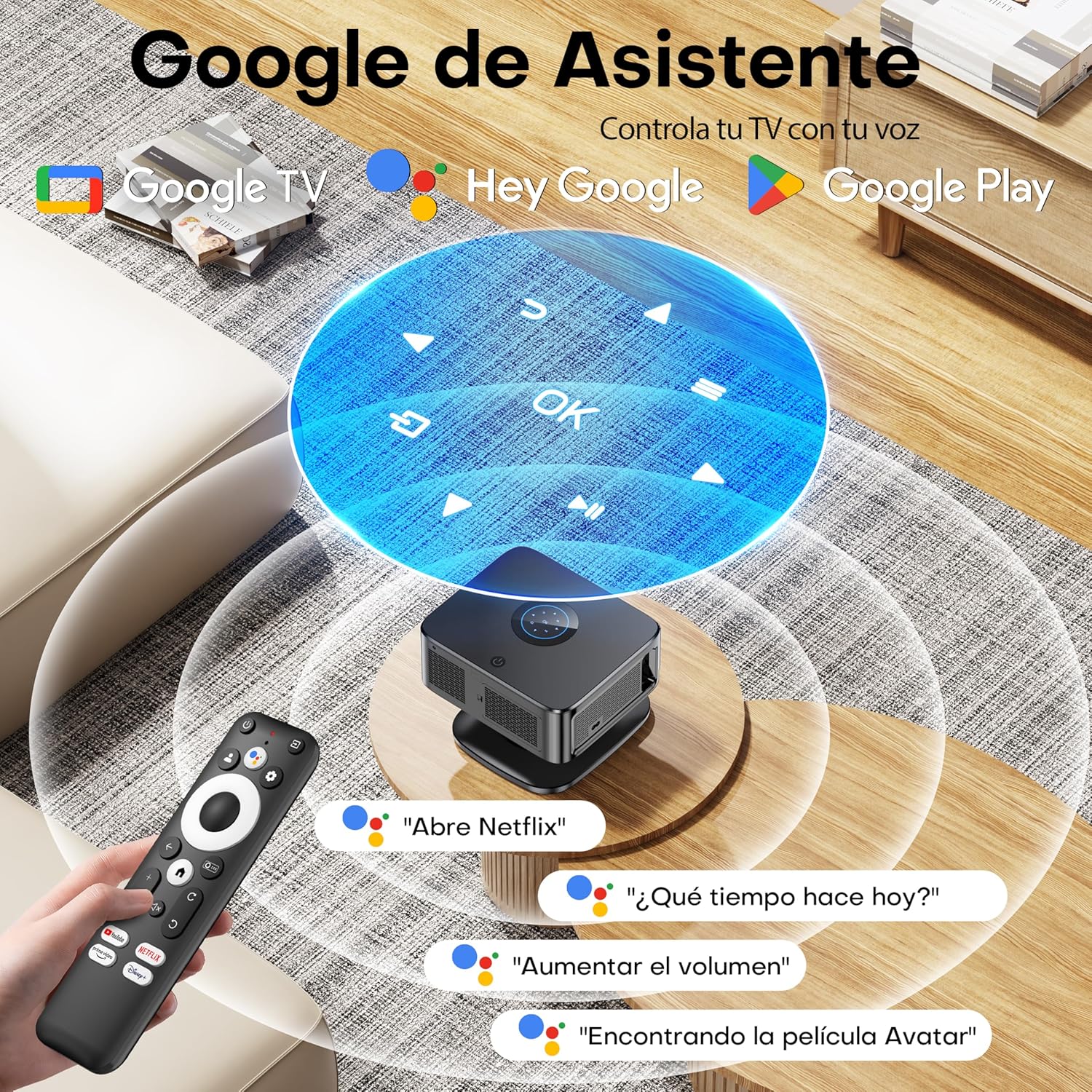 Proyector 4K【1500 ANSI/Google TV/Netflix Oficial】 Horlat 38000Lúmenes Proyector Portatil, Gira 360 °,Full HD 1080P Nativo, WiFi6 &Bluetooth 5.3, Control de Voz Projector en Casa/Exterior - 2