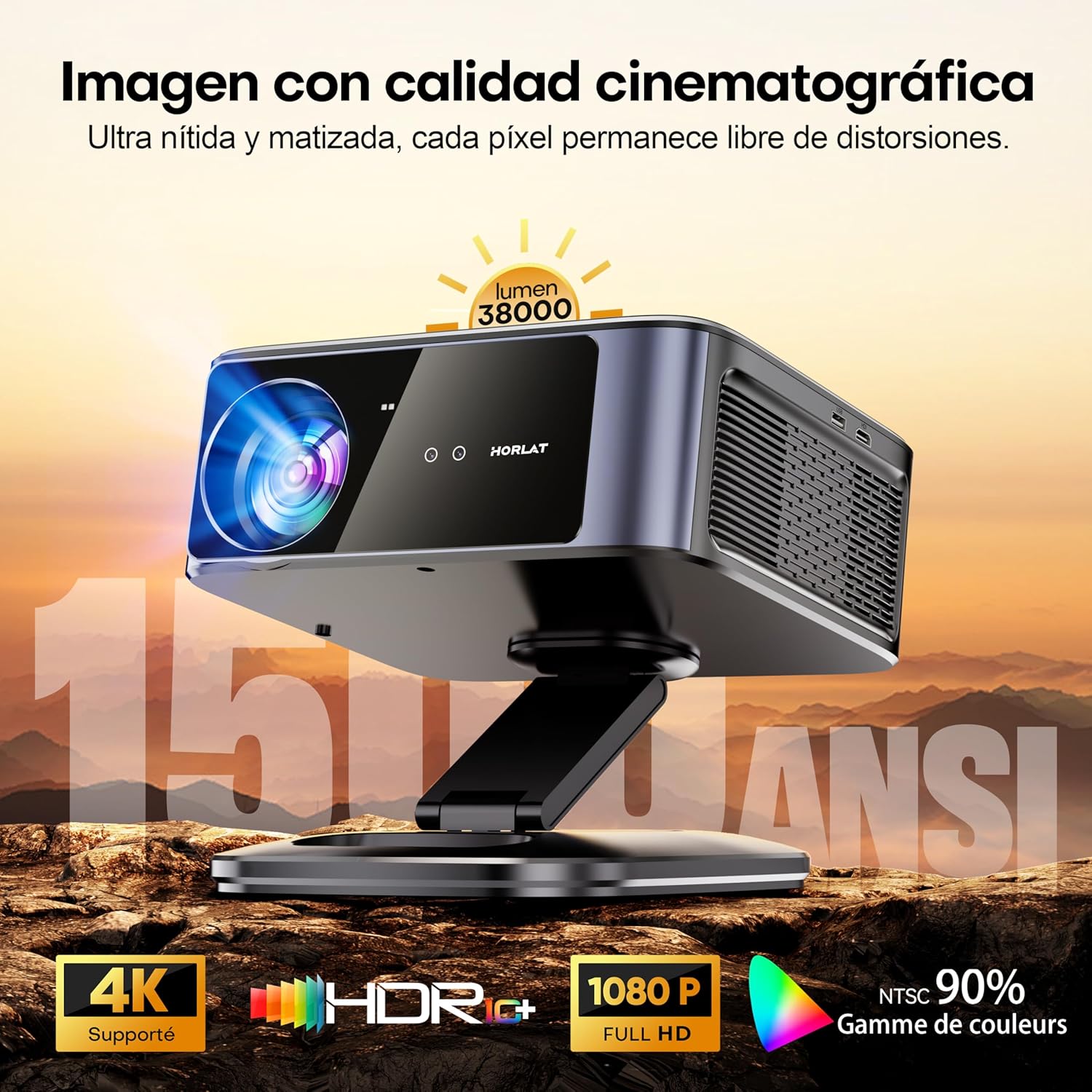 Proyector 4K【1500 ANSI/Google TV/Netflix Oficial】 Horlat 38000Lúmenes Proyector Portatil, Gira 360 °,Full HD 1080P Nativo, WiFi6 &Bluetooth 5.3, Control de Voz Projector en Casa/Exterior - 3