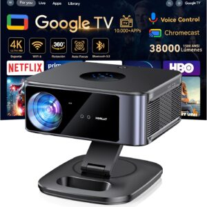 Proyector 4K【1500 ANSI/Google TV/Netflix Oficial】 Horlat 38000Lúmenes Proyector Portatil, Gira 360 °,Full HD 1080P Nativo, WiFi6 &Bluetooth 5.3, Control de Voz Projector en Casa/Exterior