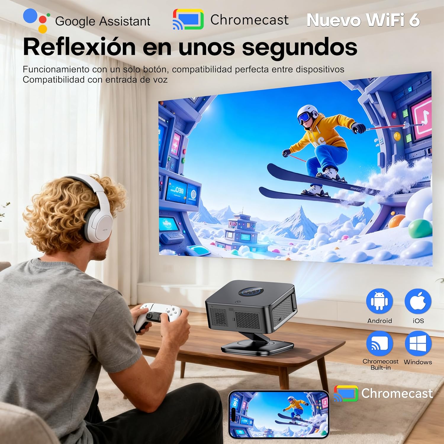 Proyector 4K【1500 ANSI/Google TV/Netflix Oficial】 Horlat 38000Lúmenes Proyector Portatil, Gira 360 °,Full HD 1080P Nativo, WiFi6 &Bluetooth 5.3, Control de Voz Projector en Casa/Exterior - 4