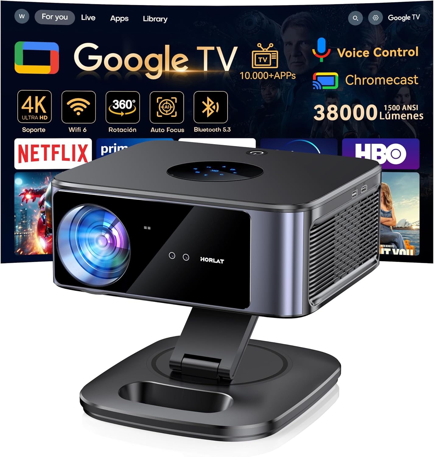 Proyector 4K【1500 ANSI/Google TV/Netflix Oficial】 Horlat 38000Lúmenes Proyector Portatil, Gira 360 °,Full HD 1080P Nativo, WiFi6 &Bluetooth 5.3, Control de Voz Projector en Casa/Exterior - 1