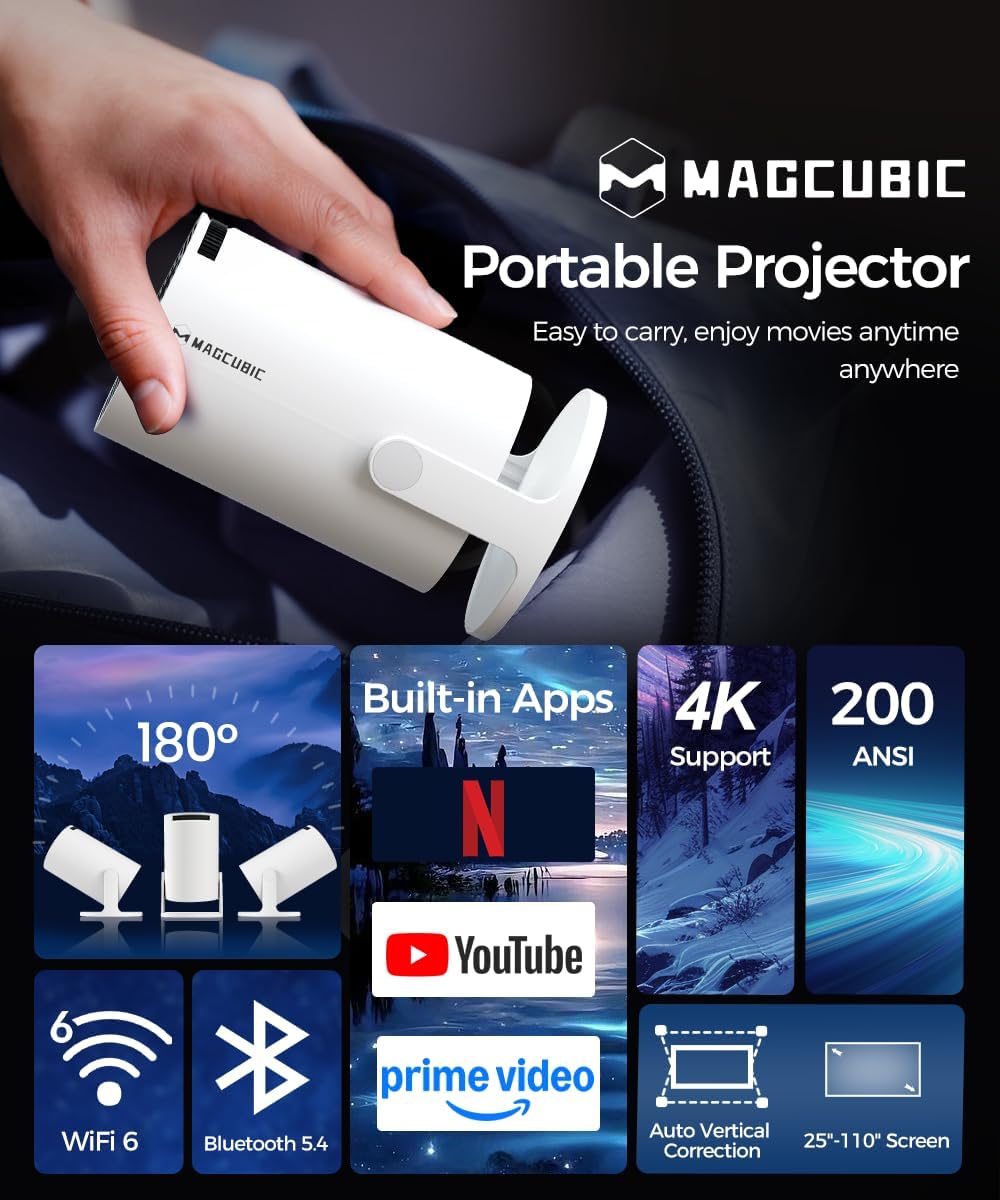 Proyector Portátil con, Mini Proyector 4k 1080P Full HD Soporte 200ANSI 8000L, Videoproyector WiFi 5G BT 5.4, Cine Projector 180 ° Se Puede Girar para TV Stick - 2