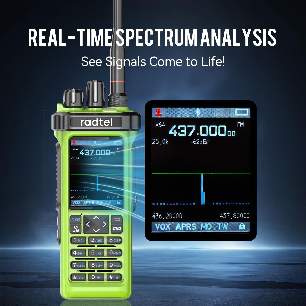 Radtel RT-950 Pro Ham Radio TX GPS/APRS, 10W Walkie Talkie Long Range Handheld Two Way Radio, Am/FM/CB/SW/MW/LW RX, Bluetooth App Programming, NOAA, Spectrum Analyzer，Green (with Programming Cable) - 2